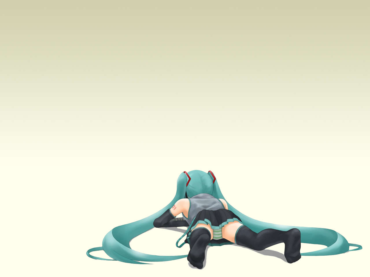 isozaki bebebe, hatsune miku, vocaloid, non-web source, aqua hair, bare shoulders, detached sleeves, feet, long hair, lying, panties, skirt, solo, striped clothes, striped panties, thighhighs, twintails, underwear, upskirt