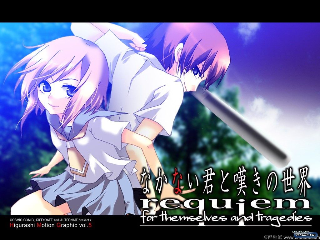 ico (pekoguest), maebara keiichi, ryuuguu rena, higurashi no naku koro ni, non-web source, translation request, 00s, 1boy, 1girl, back-to-back, baseball bat, couple, hetero