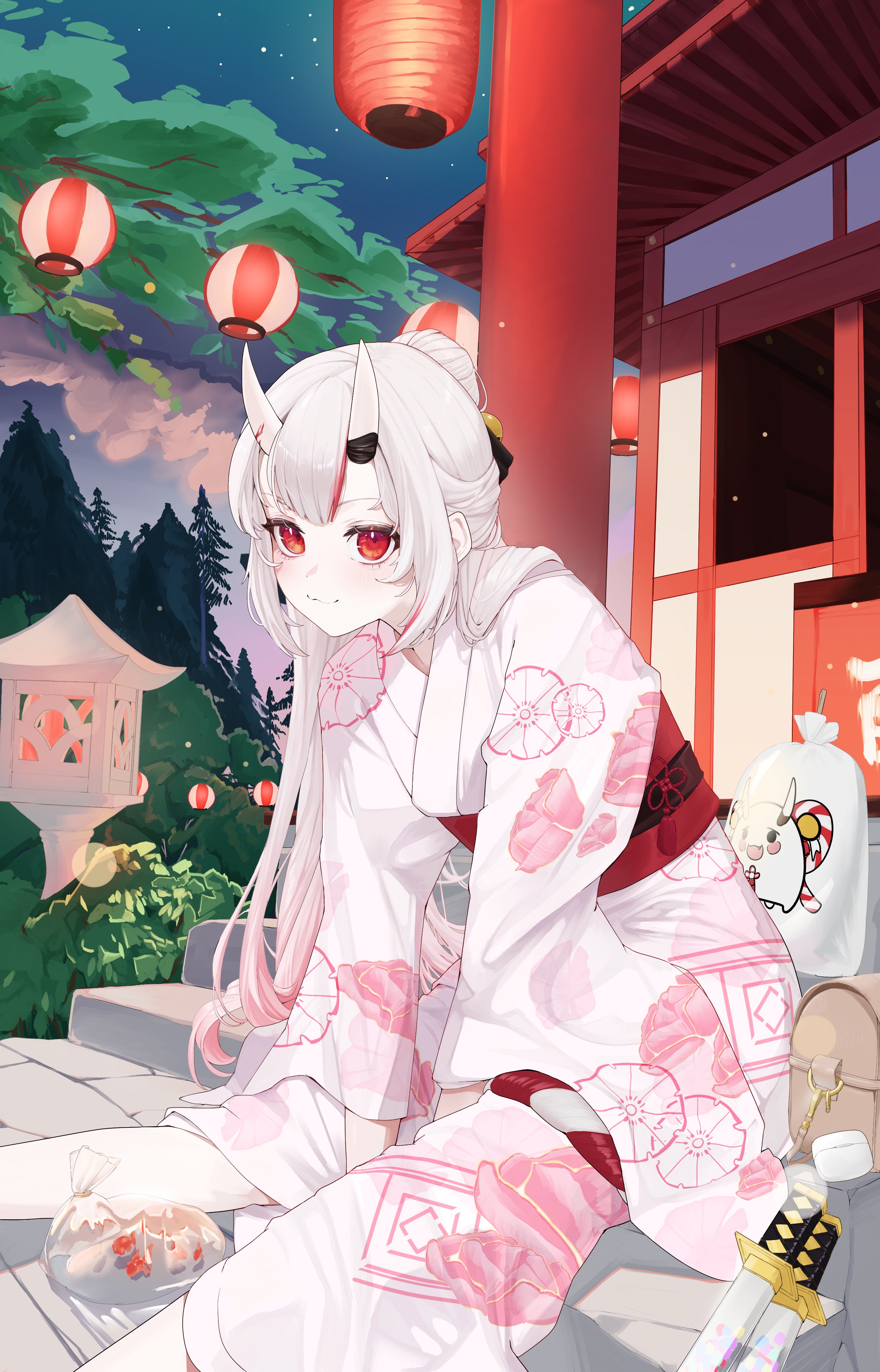 nakiri ayame, hololive, absurdres, hashtag-only commentary, highres, 1girl, :3, bag, closed mouth, double-parted bangs, edge ill, floral print, floral print kimono, horns, japanese clothes, kimono, long hair, long sleeves, looking at viewer, multicolored hair, night, obi, oni, outdoors, plastic bag, print kimono, red eyes, red sash, red streaks, sash, sitting, solo, streaked hair, virtual youtuber, white hair, white kimono
