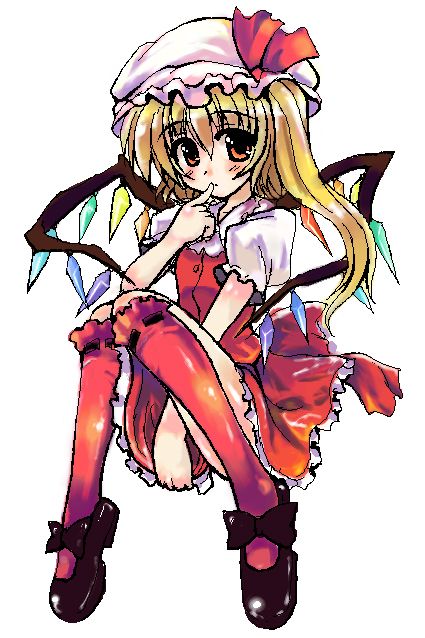 nagana sayui, flandre scarlet, touhou, 1girl, black shoes, blonde hair, blouse, collared shirt, female focus, full body, hair between eyes, hat, kneehighs, mob cap, ribbon-trimmed socks, ribbon trim, shirt, shoes, simple background, skirt, socks, solo, white background, white hat, white shirt, wings, yellow eyes