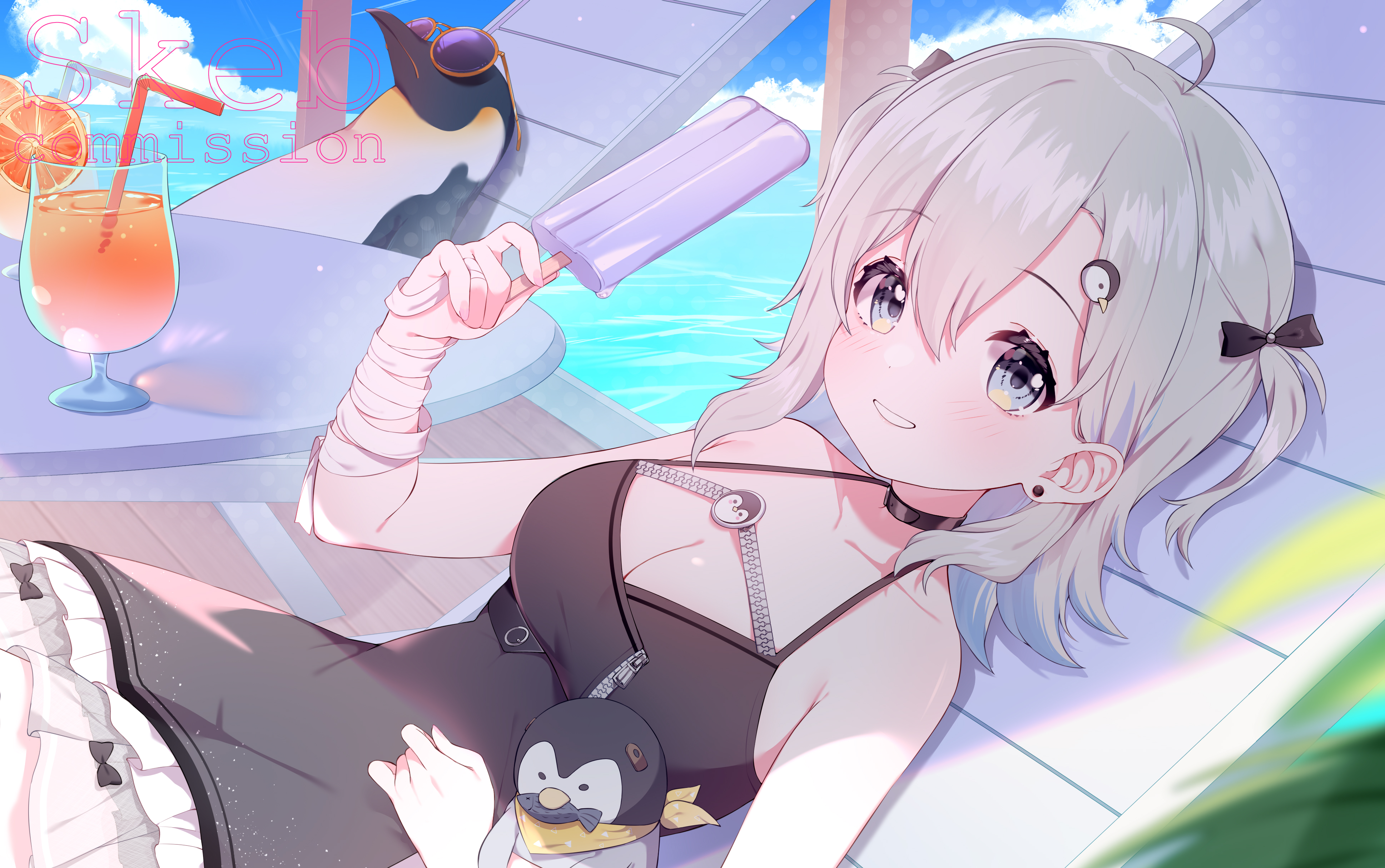 norada, original, absurdres, commentary request, commission, highres, skeb commission, 1girl, ahoge, armpit crease, bandaged arm, bandages, bare shoulders, bird, black bow, black choker, black dress, blue eyes, blue hair, bow, breasts, choker, cleavage, collarbone, dress, earrings, food, grey hair, grin, hair behind ear, hair between eyes, hair bow, holding, holding food, holding popsicle, holding stuffed toy, jewelry, looking at viewer, lying, medium breasts, medium hair, multicolored hair, on back, penguin, penguin hair ornament, popsicle, sleeveless, sleeveless dress, smile, solo, streaked hair, stud earrings, stuffed animal, stuffed penguin, stuffed toy, two-tone hair, two side up