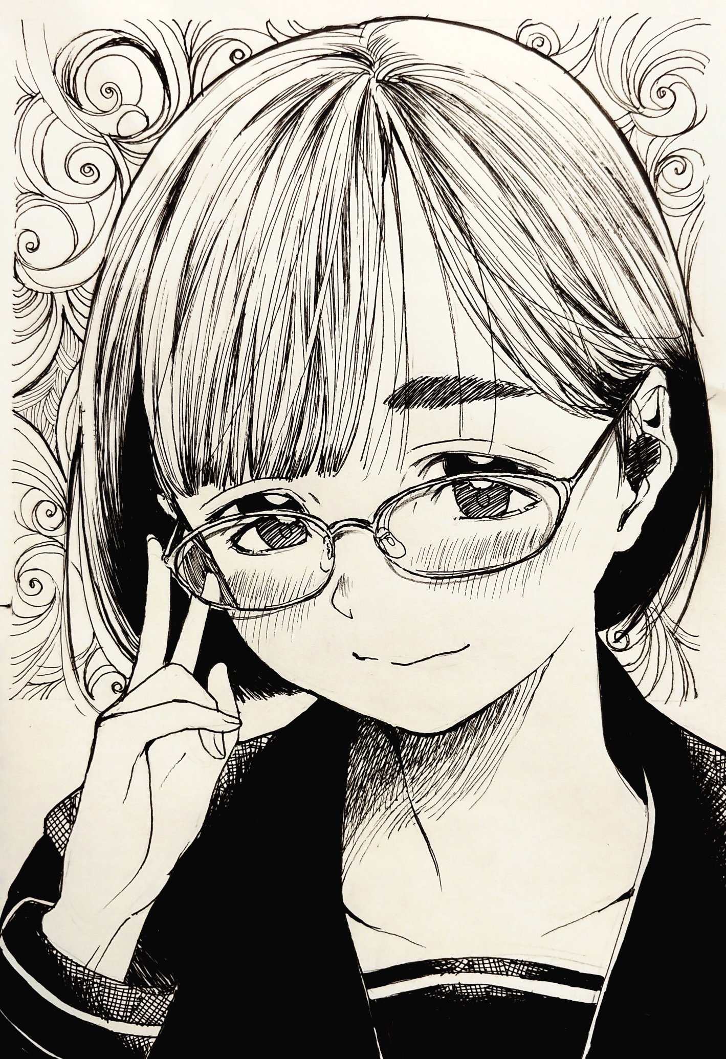 misaki toji, original, highres, tagme, 1girl, blunt bangs, blush, glasses, light smile, lineart, looking at viewer, monochrome, sailor collar, school uniform, short hair, thick eyebrows, v, white background