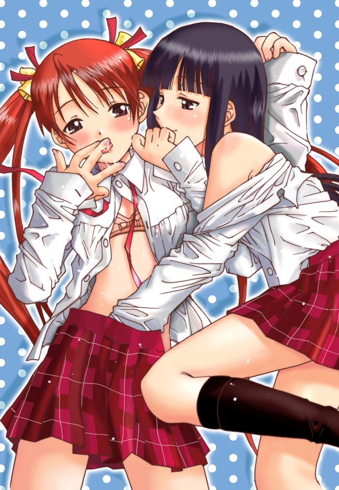 kagurazaka asuna, konoe konoka, mahou sensei negima!, finger in mouth, 00s, 2girls, bare shoulders, bell, blue background, blush, bra, breasts, brown eyes, brown hair, buttons, dots, fingering, hair ornament, hair ribbon, hair up, hand in skirt, happy, hime cut, kneehighs, leg up, licking, long hair, looking at another, multiple girls, open clothes, open shirt, orange hair, partially undressed, pussy juice, ribbon, school uniform, shirt, skirt, smile, socks, sweat, tongue, twintails, unbuttoned, unbuttoned shirt, underwear, very long hair, white dots, white shirt, yuri