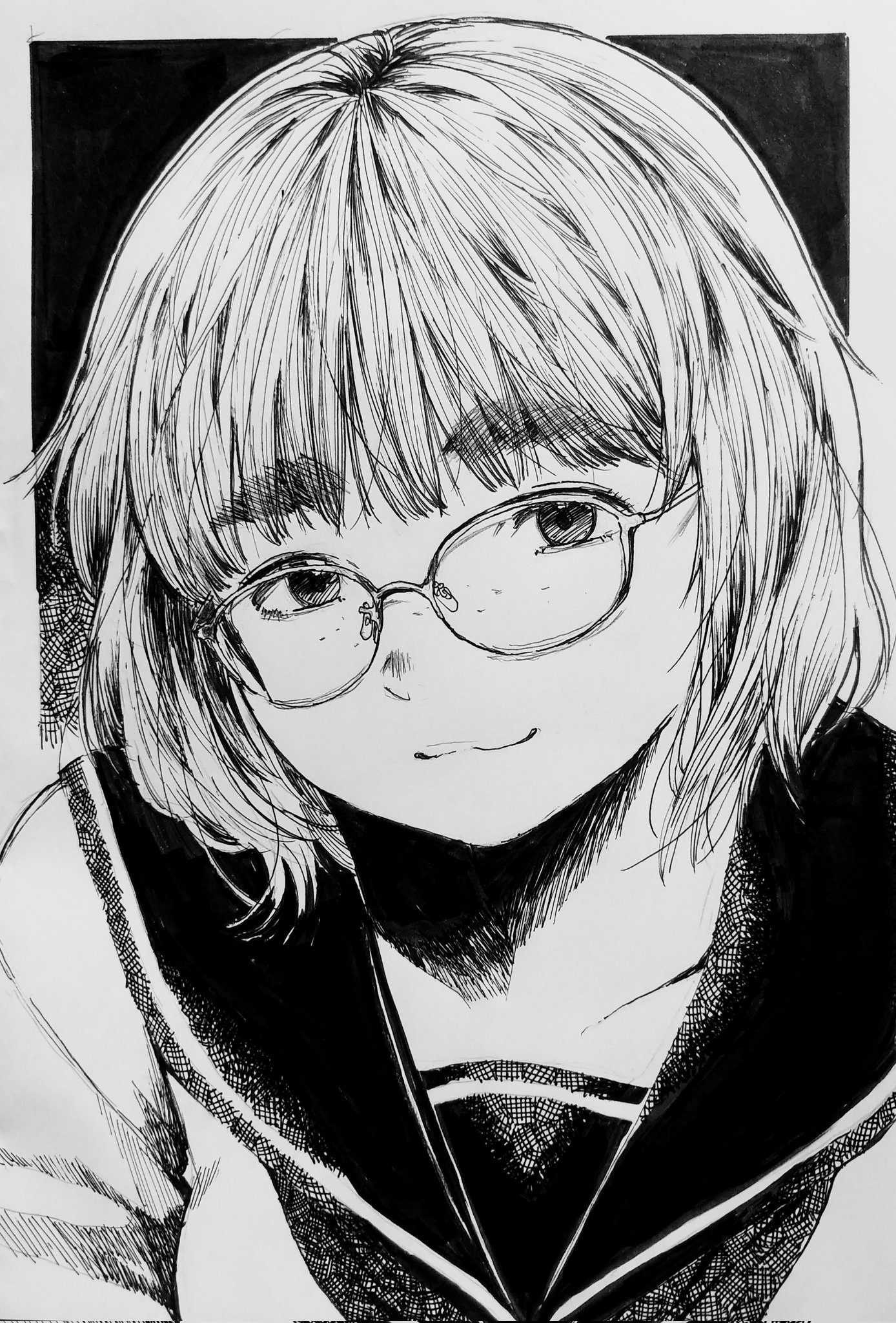 misaki toji, original, highres, tagme, 1girl, blunt bangs, glasses, light smile, lineart, looking at viewer, medium hair, monochrome, plump, sailor collar, school uniform, thick eyebrows, white background