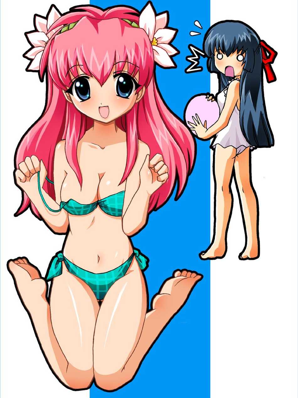 karasuma chitose, milfeulle sakuraba, galaxy angel, artist request, highres, tagme, 00s, 2girls, bikini, blue eyes, blush, half updo, looking at viewer, looking back, multiple girls, red hair, smile, swimsuit, undressing