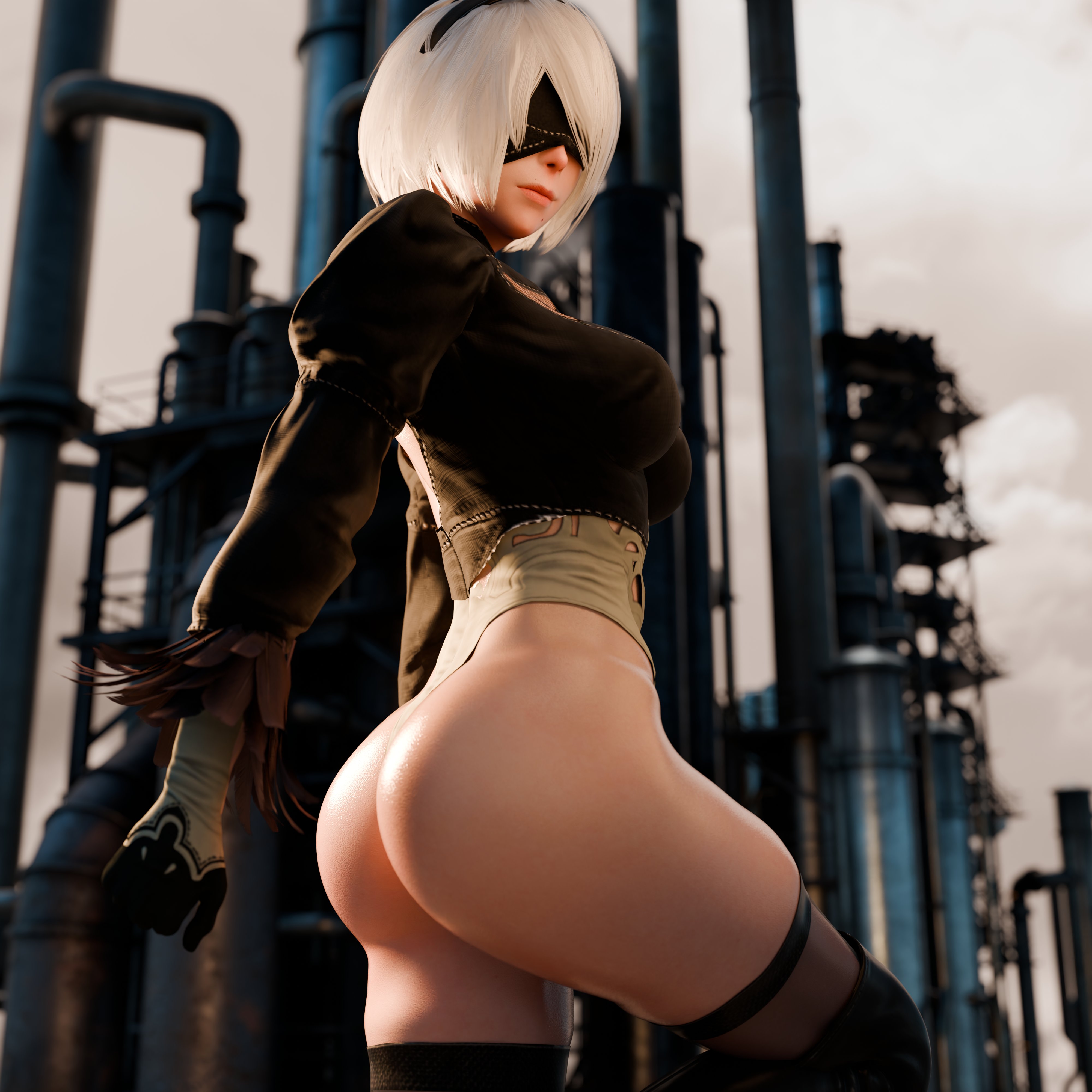 2b (nier:automata), nier:automata, nier (series), absurdres, highres, 1girl, 3d, ass, bubble b, cloud, cloudy sky, covered eyes, juliet sleeves, long sleeves, looking at viewer, puffy sleeves, short hair, sky, twisted torso, white hair