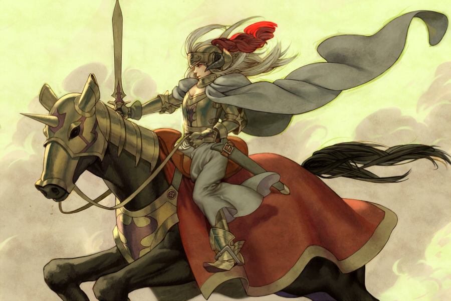 esukee, original, silver hair, bad id, bad pixiv id, 1girl, animal, armor, barding, boots, breastplate, cape, cloud, dress, female focus, gauntlets, gloves, helmet, horns, horse, horseback riding, knight, riding, solo, sword, unicorn, weapon