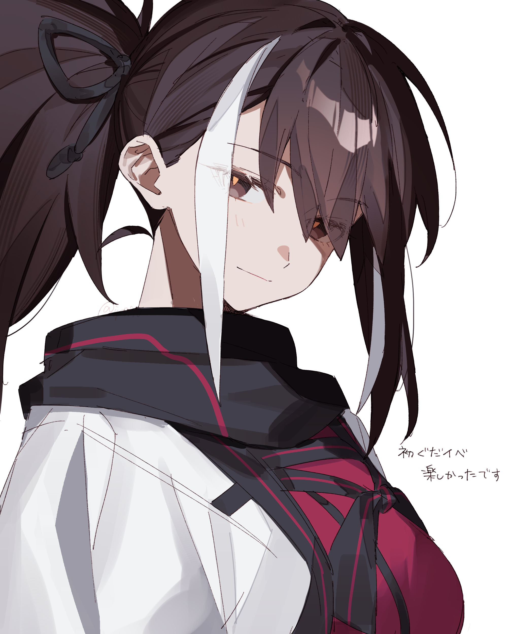 kawakami gensai (fate), fate/grand order, fate (series), absurdres, highres, 1girl, black eyes, black hair, ip0flv, japanese clothes, light smile, long hair, looking at viewer, multicolored hair, ponytail, scarf, solo, upper body, white hair