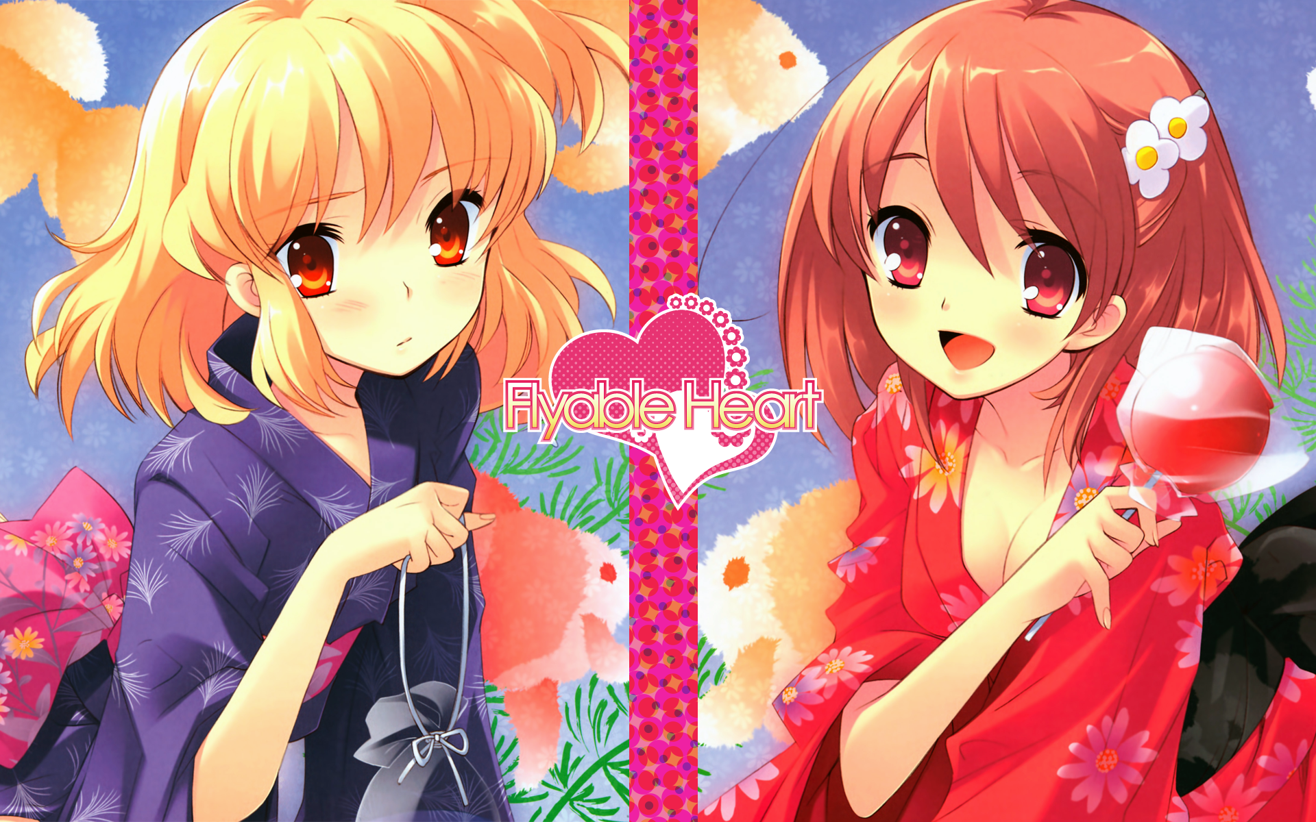 ito noizi, inaba yui, sumeragi amane (flyable heart), flyable heart, highres, 2girls, blonde hair, breasts, brown hair, cleavage, japanese clothes, kimono, multiple girls, short hair, small breasts