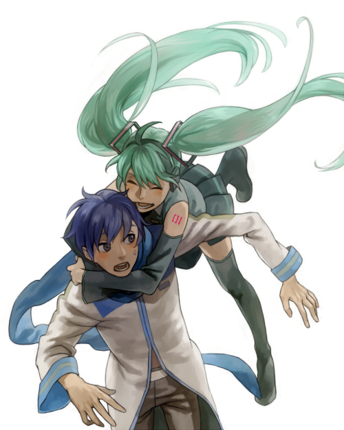 esukee, hatsune miku, kaito (vocaloid), vocaloid, bad id, bad pixiv id, 1boy, 1girl, ahoge, blue hair, blue scarf, cling, detached sleeves, glomp, green hair, hetero, hug, jumping, scarf, tackle, thighhighs, twintails