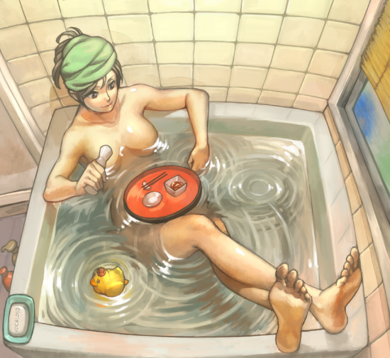 esukee, kaito (vocaloid), meiko (vocaloid), vocaloid, bad id, bad pixiv id, 1girl, alcohol, barefoot, bath, breasts, brown hair, censored, convenient censoring, crossed legs, feet, female focus, food, from above, legs, lying, nude, plate, ripples, rubber duck, sake, soap, soles, solo, sushi, towel, towel on head, wet, window blinds