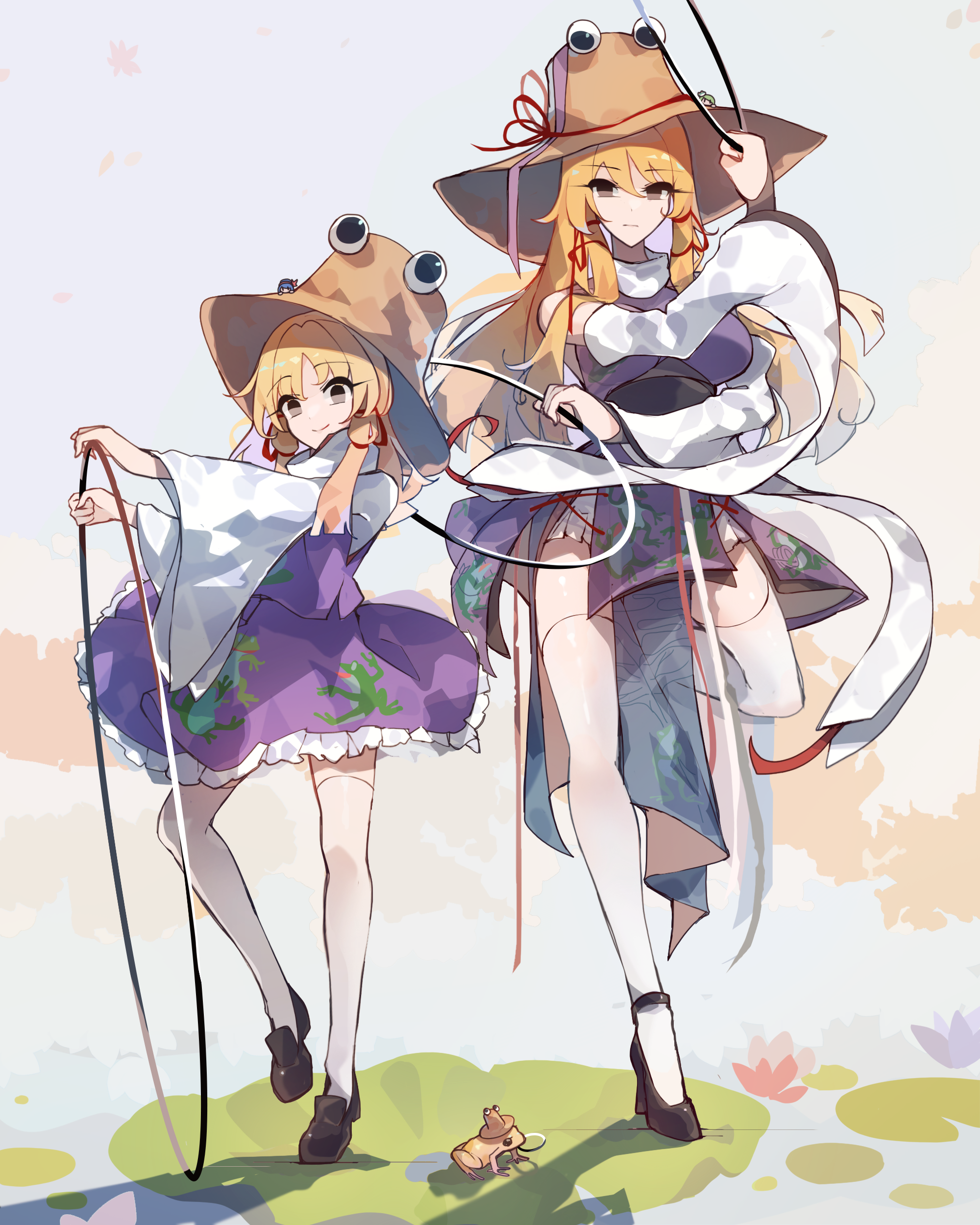 kaliningradg, kochiya sanae, moriya suwako, pyonta, yasaka kanako, touhou, absurdres, commentary, highres, symbol-only commentary, 1other, 4girls, alternate breast size (larger), alternate costume, animal, animal print, blonde hair, brown hat, detached sleeves, frog, frog hair ornament, frog print, full body, hair ornament, hair ribbon, hat, high heels, lily pad, loafers, long hair, moriya's iron rings, multiple girls, purple skirt, purple vest, ribbon, shoes, side slit, skirt, skirt set, standing, standing on one leg, thighhighs, tress ribbon, vest, white thighhighs, wide sleeves