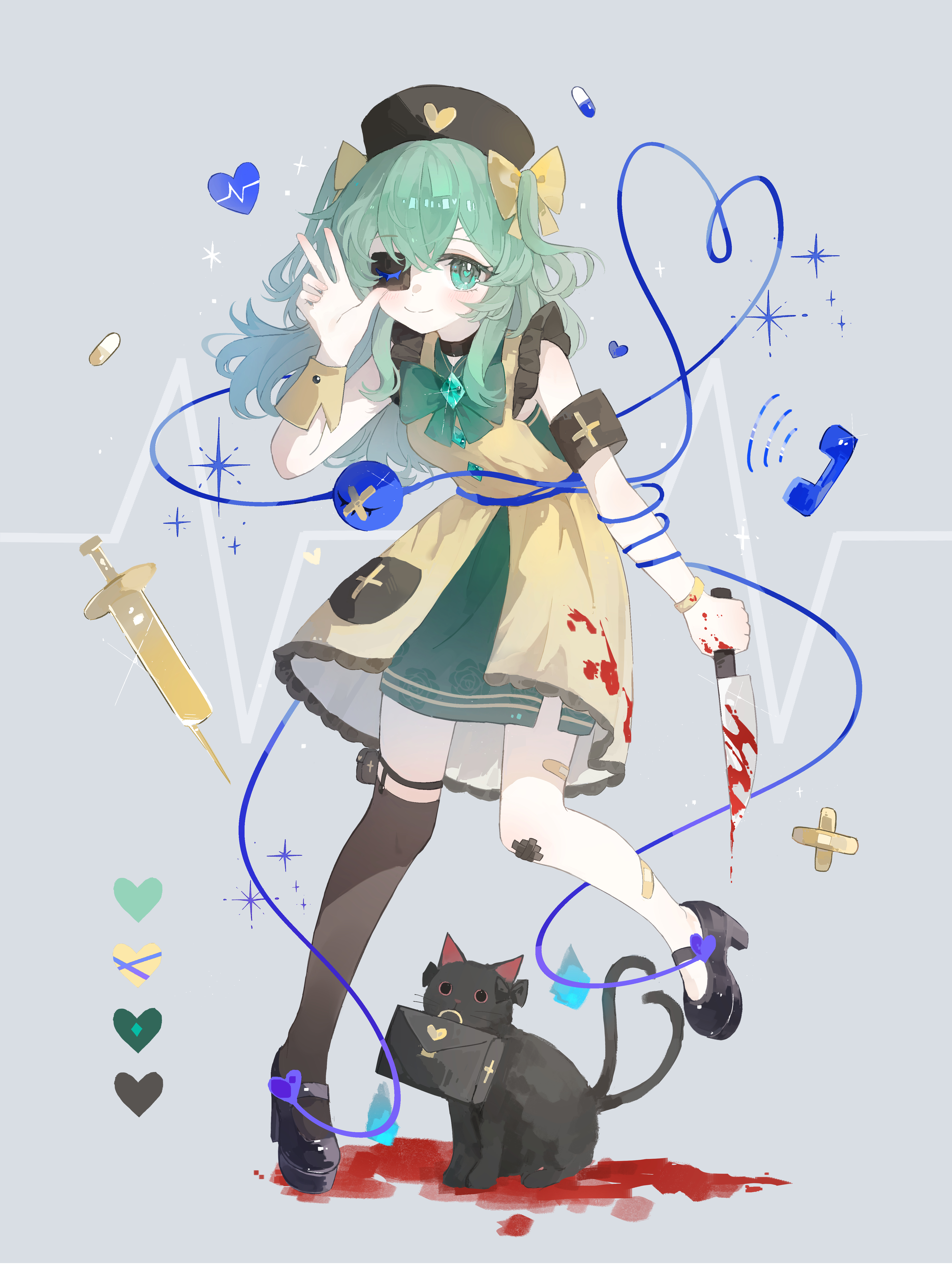 yuuneka, kaenbyou rin, kaenbyou rin (cat), komeiji koishi, touhou, absurdres, commentary, highres, symbol-only commentary, 1girl, adapted costume, alternate headwear, animalization, apron, armband, bag, bandaid, bandaid on leg, black armband, black cat, black hat, black shoes, blood, blood on clothes, bloody weapon, bow, bowtie, brooch, brown thighhighs, buttons, cardiogram, cat, closed mouth, diamond button, dress, eyeball, eyepatch, full body, green bow, green bowtie, green dress, green eyes, green hair, grey background, hair bow, hat, heart, heart in eye, heart of string, high heels, holding, holding knife, jewelry, knife, looking at viewer, mary janes, mouth hold, multiple tails, nurse cap, phone, pool of blood, shoes, simple background, single thighhigh, smile, symbol in eye, syringe, tail, thighhighs, third eye, two tails, w, weapon, yellow apron, yellow bow