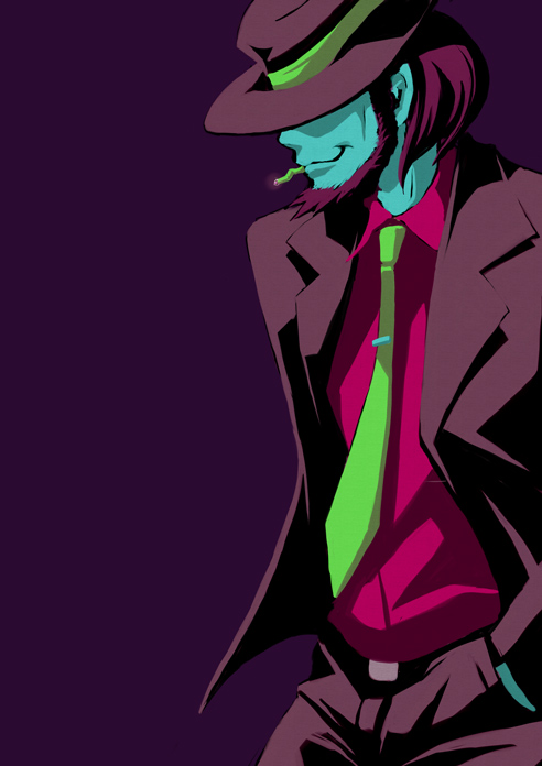 jaian, jigen daisuke, lupin iii, tms entertainment, bad id, bad pixiv id, 1boy, beard, blue skin, cigarette, colored skin, colorful, facial hair, fedora, formal clothes, hat, male focus, necktie, simple background, smoking, solo, suit