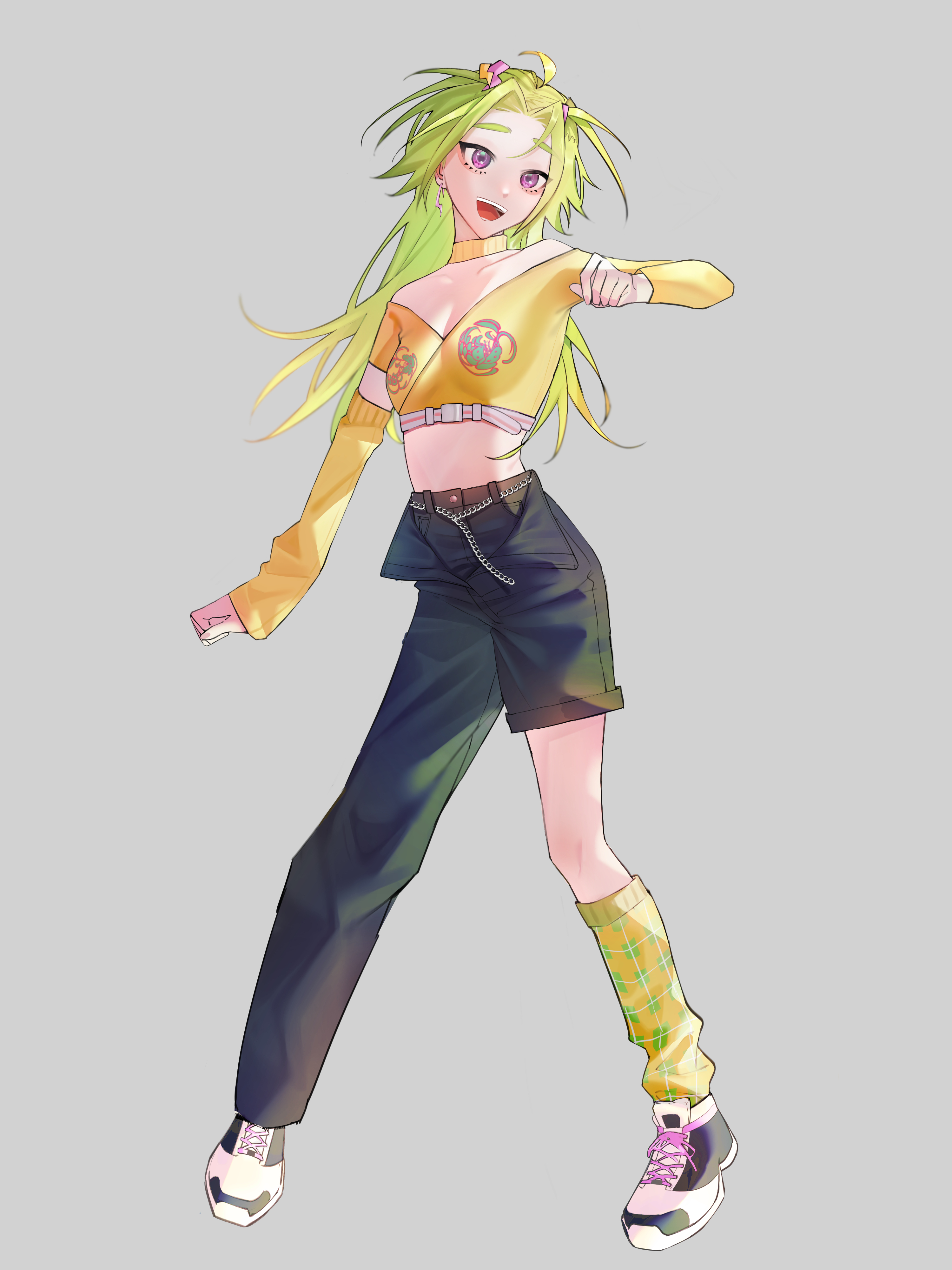 okakiatta, original, absurdres, commentary request, highres, 1girl, asymmetrical pants, bandaid, bandaid on face, bandaid on finger, bandaid on hand, bandaid on knee, bandaid on leg, bare shoulders, black pants, black shoes, breasts, cleavage, full body, green hair, grey background, long hair, long sleeves, medium breasts, midriff, open mouth, pants, purple eyes, shirt, shoes, simple background, smile, solo, standing, yellow shirt