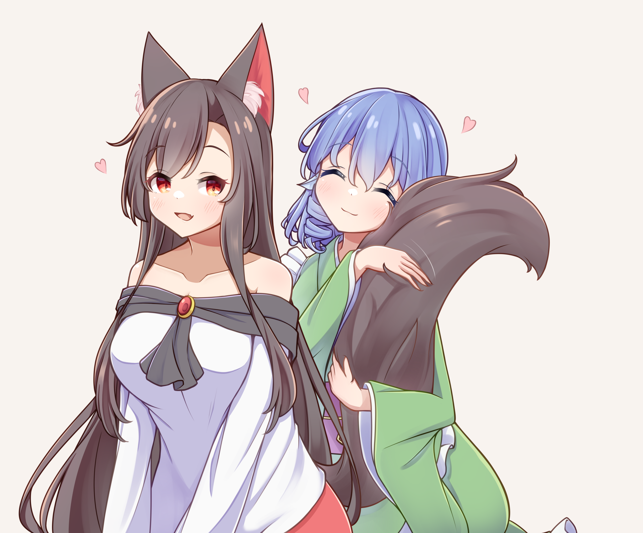 hashi2387, imaizumi kagerou, wakasagihime, touhou, commentary request, highres, 2girls, animal ear fluff, animal ears, blue hair, breasts, brooch, brown background, brown hair, closed eyes, closed mouth, collarbone, dress, drill hair, drill sidelocks, fang, fins, fluffy, green kimono, hair between eyes, head fins, heart, hugging tail, japanese clothes, jewelry, kimono, long hair, long sleeves, mermaid, monster girl, multiple girls, obi, off-shoulder dress, off shoulder, open mouth, purple sash, red eyes, sash, sidelocks, simple background, skin fang, smile, tail, very long hair, white dress, wide sleeves, wolf ears, wolf girl, wolf tail