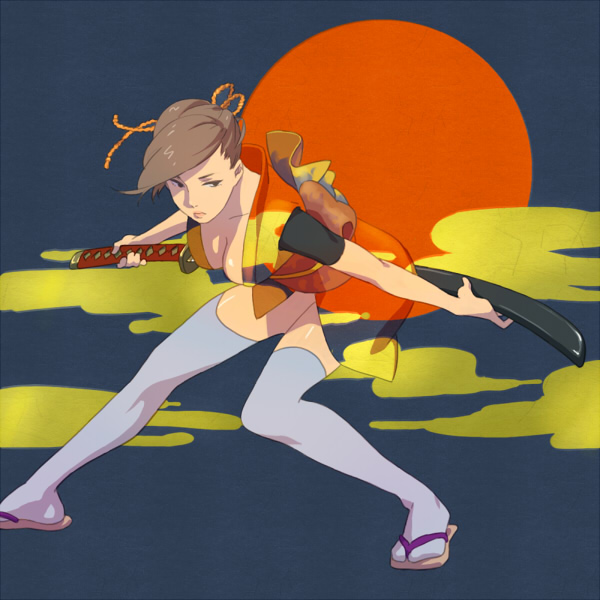 esukee, original, bad id, bad pixiv id, 1girl, breasts, brown hair, cleavage, cloud, female focus, fighting stance, hair bun, hair tie, japanese clothes, katana, legs, medium breasts, ready to draw, red sun, sandals, single hair bun, solo, sun, sword, thighhighs, weapon
