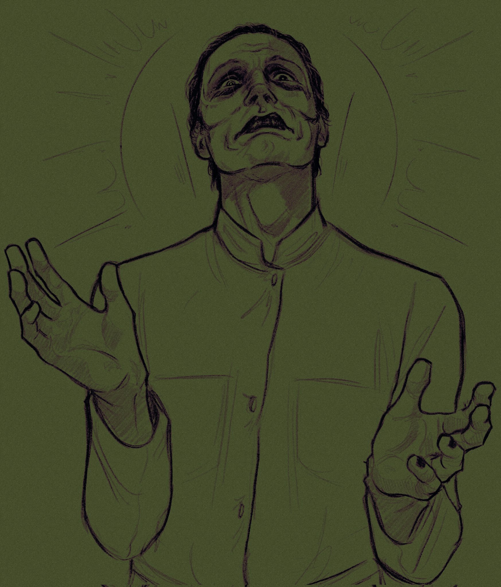 death cult leader (no i'm not a human), highres, 1boy, b0nesmarr0w, black hair, black lips, black nails, buttons, collared shirt, green theme, looking at viewer, male focus, series:no i'm not a human, shirt, short hair, sketch, solo focus, upper body, wrinkled skin