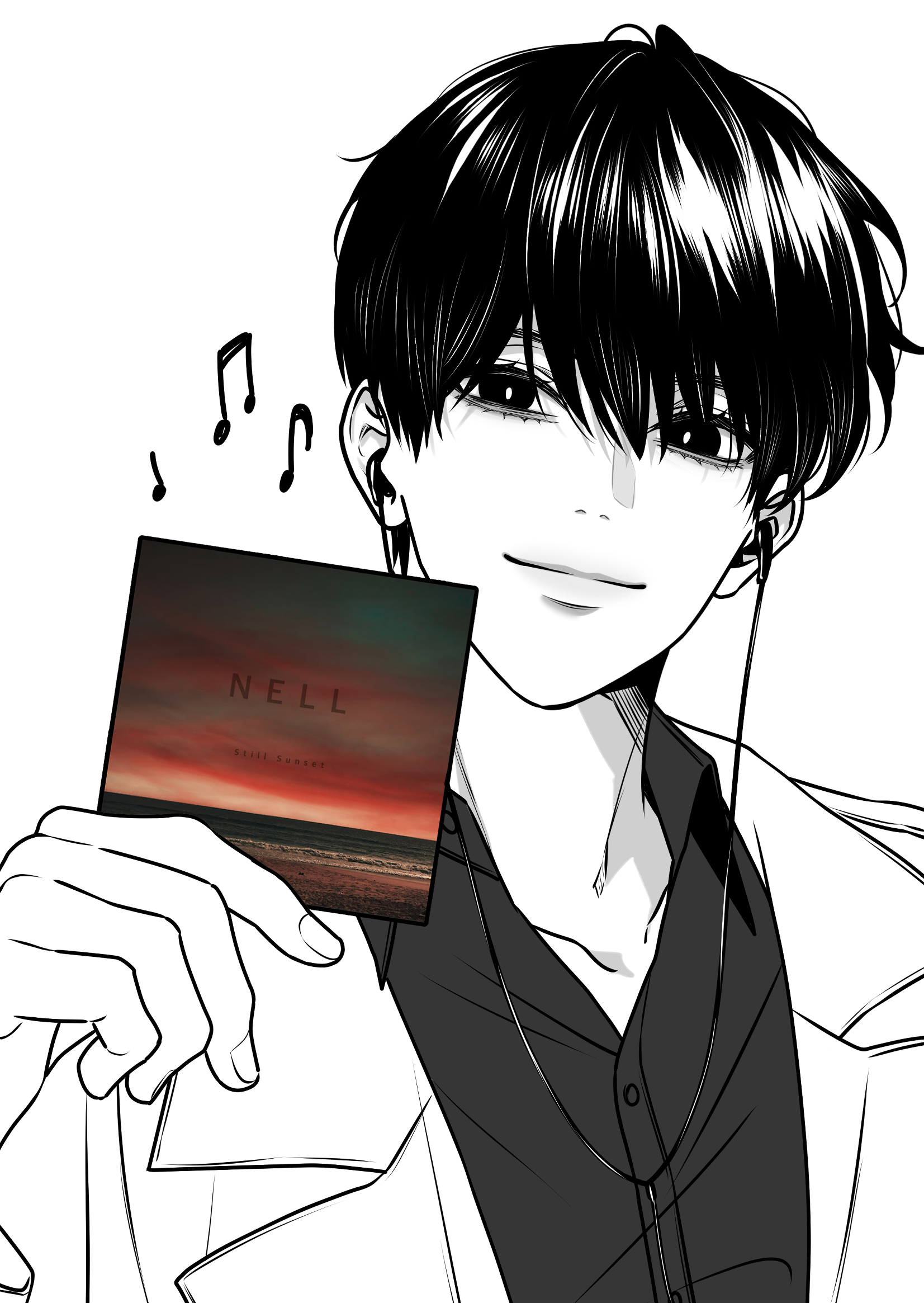 kim dokja, nell, omniscient reader's viewpoint, highres, 28ente, aegyo sal, album cover, black eyes, black hair, black shirt, coat, collared shirt, cover, earbuds, earphones, hand up, head tilt, holding, holding photo, listening to music, looking at viewer, musical note, open clothes, open coat, partially colored, photo (object), popped collar, shirt, short hair, smile, upper body, white coat