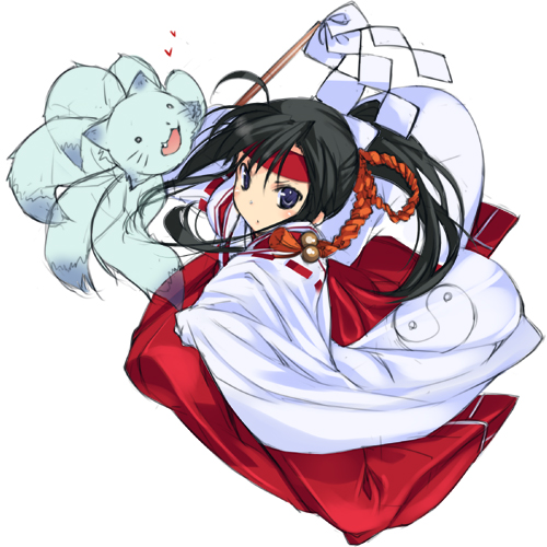 mizuki makoto, amatsuka mizuki, baby princess, lowres, 10s, 1girl, ahoge, black hair, blue eyes, cat, fang, female focus, gohei, hakama, hakama skirt, headband, heart, japanese clothes, long hair, miko, multiple tails, oonusa, ponytail, red hakama, rope, skirt, solo, tail, yin yang