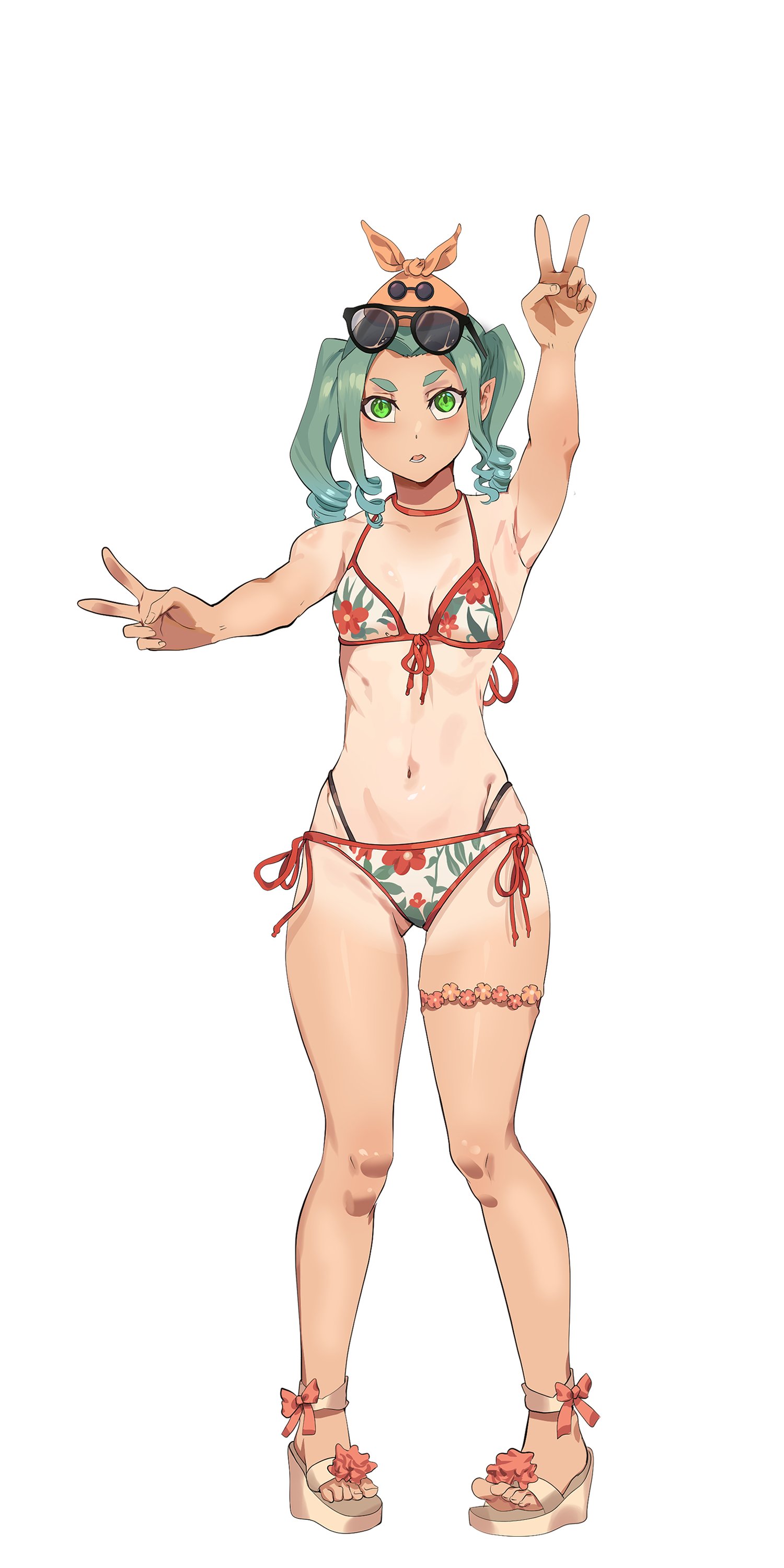 firstdayiyui, ononoki yotsugi, monogatari (series), absurdres, highres, aqua hair, bikini, breasts, double v, eyewear on head, floral print, floral print bikini, flower, footwear flower, footwear ribbon, green eyes, hat, open mouth, orange hat, platform sandals, pointy ears, print bikini, red ribbon, ribbon, sandals, simple background, small breasts, sunglasses, swimsuit, tan, tanline, thick eyebrows, thigh strap, twintails, v, white background