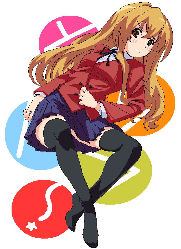 amami amayu, aisaka taiga, toradora!, 00s, 1girl, brown eyes, brown hair, feet, female focus, long hair, looking at viewer, lying, miniskirt, oekaki, school uniform, skirt, solo, thighhighs, zettai ryouiki