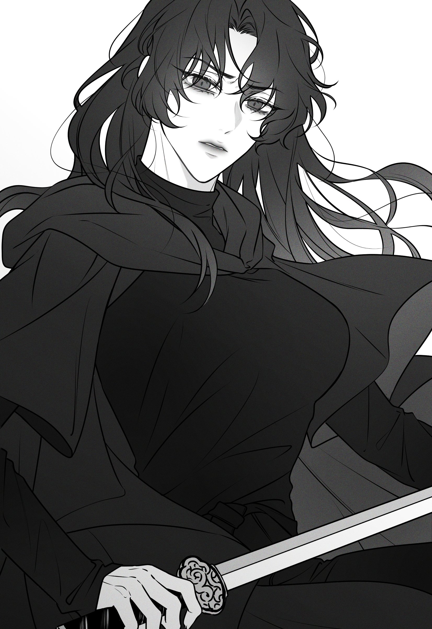 yoo joonghyuk, omniscient reader's viewpoint, absurdres, highres, 1girl, 28ente, aegyo sal, black cape, black eyes, black hair, black shirt, breasts, cape, clenched teeth, curtained hair, double-parted bangs, genderswap, genderswap (mtf), greyscale, hair flowing over, head tilt, holding, holding sword, holding weapon, hood, hood down, long hair, looking at viewer, monochrome, official alternate costume, raised eyebrow, serious, shirt, solo, sword, teeth, turtleneck, very long hair, weapon