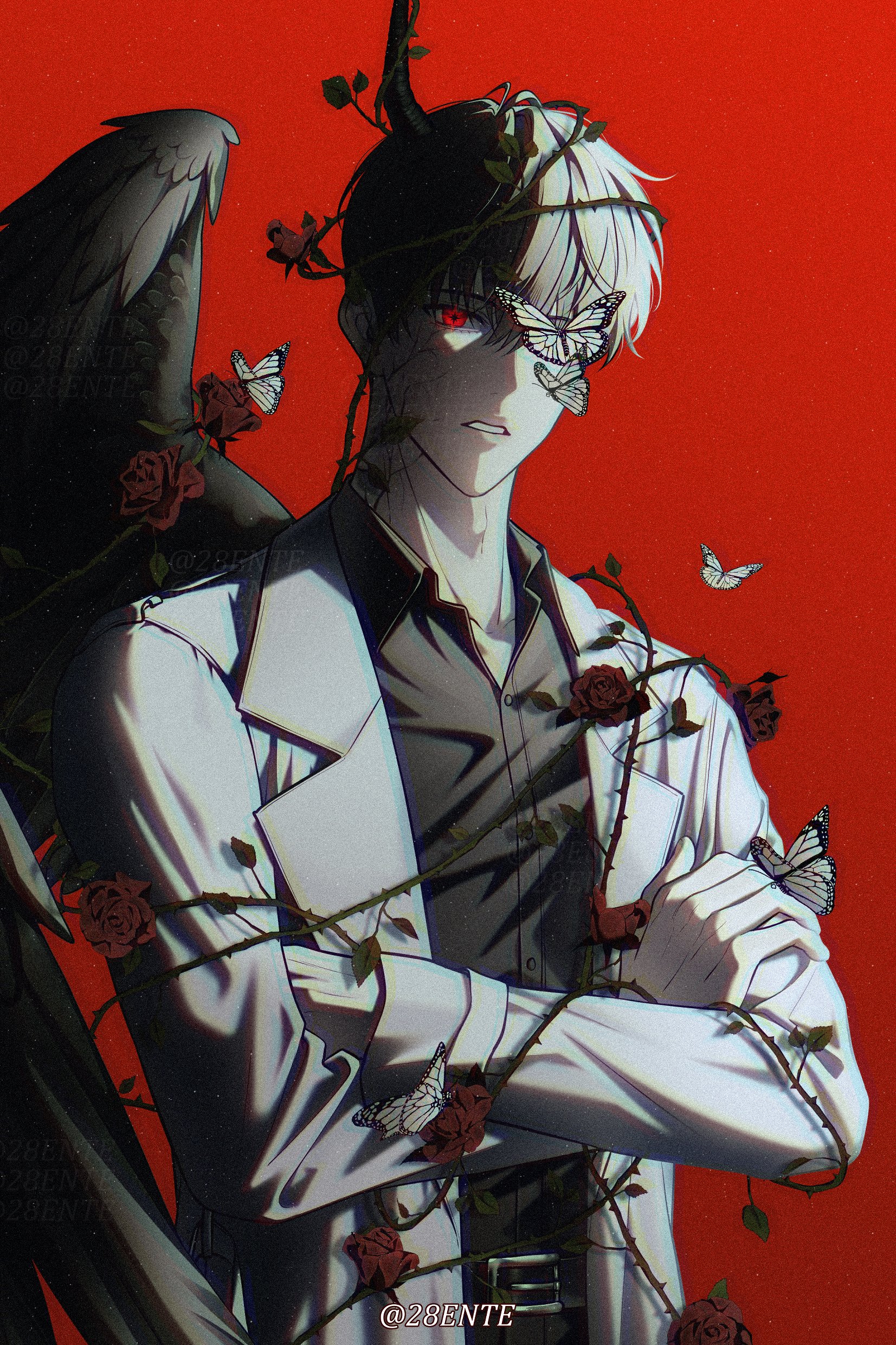 kim dokja, omniscient reader's viewpoint, absurdres, highres, 1boy, 28ente, belt, black hair, black shirt, black wings, brambles, bug, butterfly, butterfly on face, butterfly on hand, chromatic aberration, clenched teeth, coat, collared shirt, cowboy shot, crossed arms, demon horns, entangled, feathered wings, gloves, head tilt, horns, insect, looking at viewer, male focus, monarch butterfly, official alternate costume, one eye covered, open clothes, open coat, parted lips, red eyes, serious, shirt, short hair, solo, teeth, thorns, white butterfly, white coat, white gloves, wings
