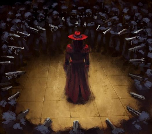alucard (hellsing), hellsing, red headwear, at gunpoint, back, coat, gun, hat, male focus, overcoat, police, red coat, surrounded, vampire, weapon