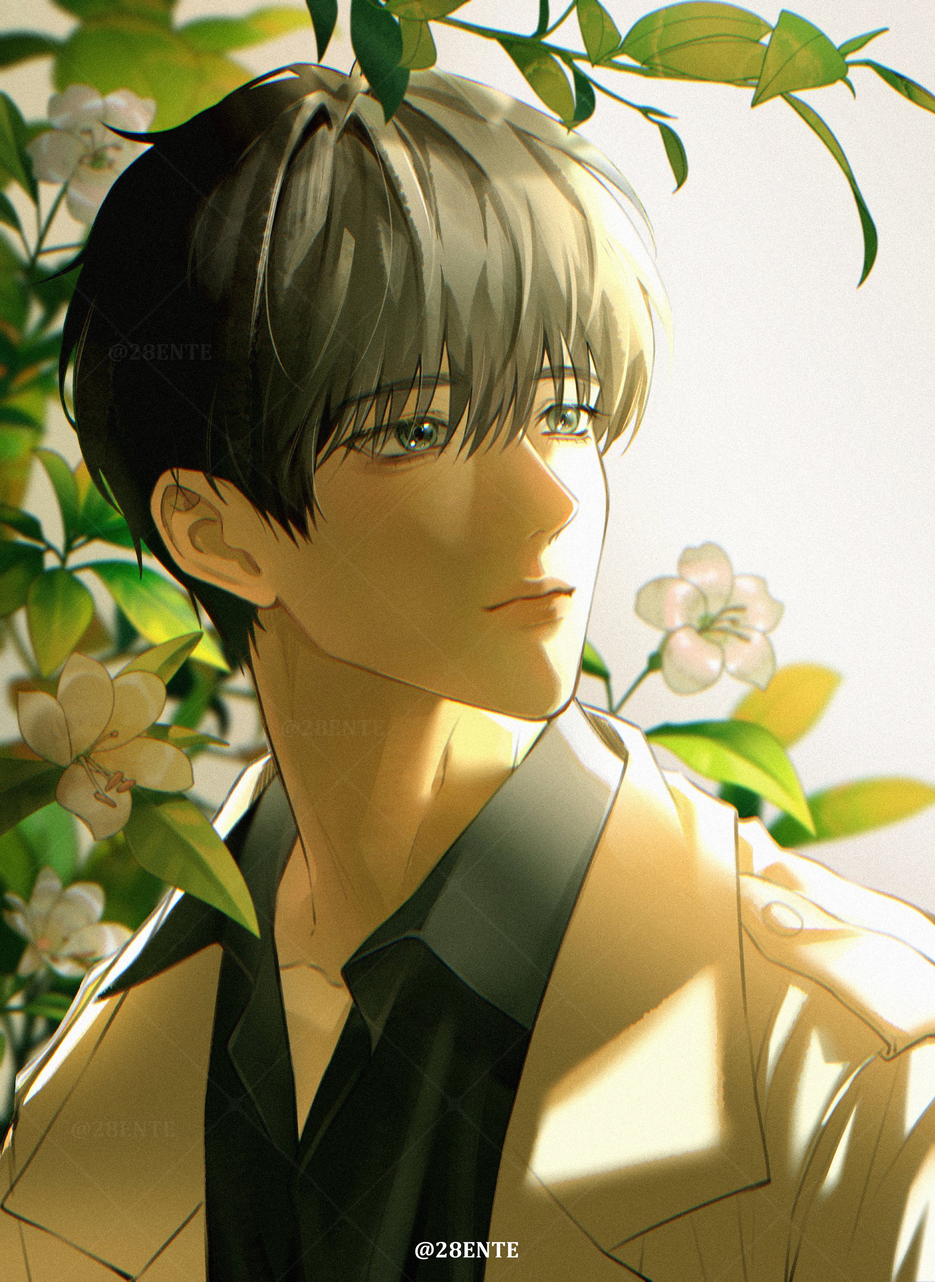 kim dokja, omniscient reader's viewpoint, white lily, absurdres, highres, 1boy, 28ente, aegyo sal, averting eyes, black eyes, black hair, black shirt, branch, coat, collared shirt, flower, leaf, lily (flower), male focus, open clothes, open coat, plant, popped collar, shirt, short hair, sidelighting, solo, sparkling eyes, upper body, white coat