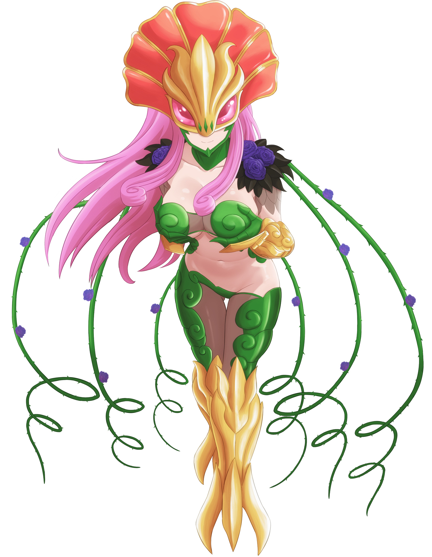 omeka gamma, ceresmon medium, digimon, highres, 1girl, breasts, digimon (creature), full body, large breasts, long hair, navel, pink hair, plant, simple background, smile, solo, thorns, vines, white background