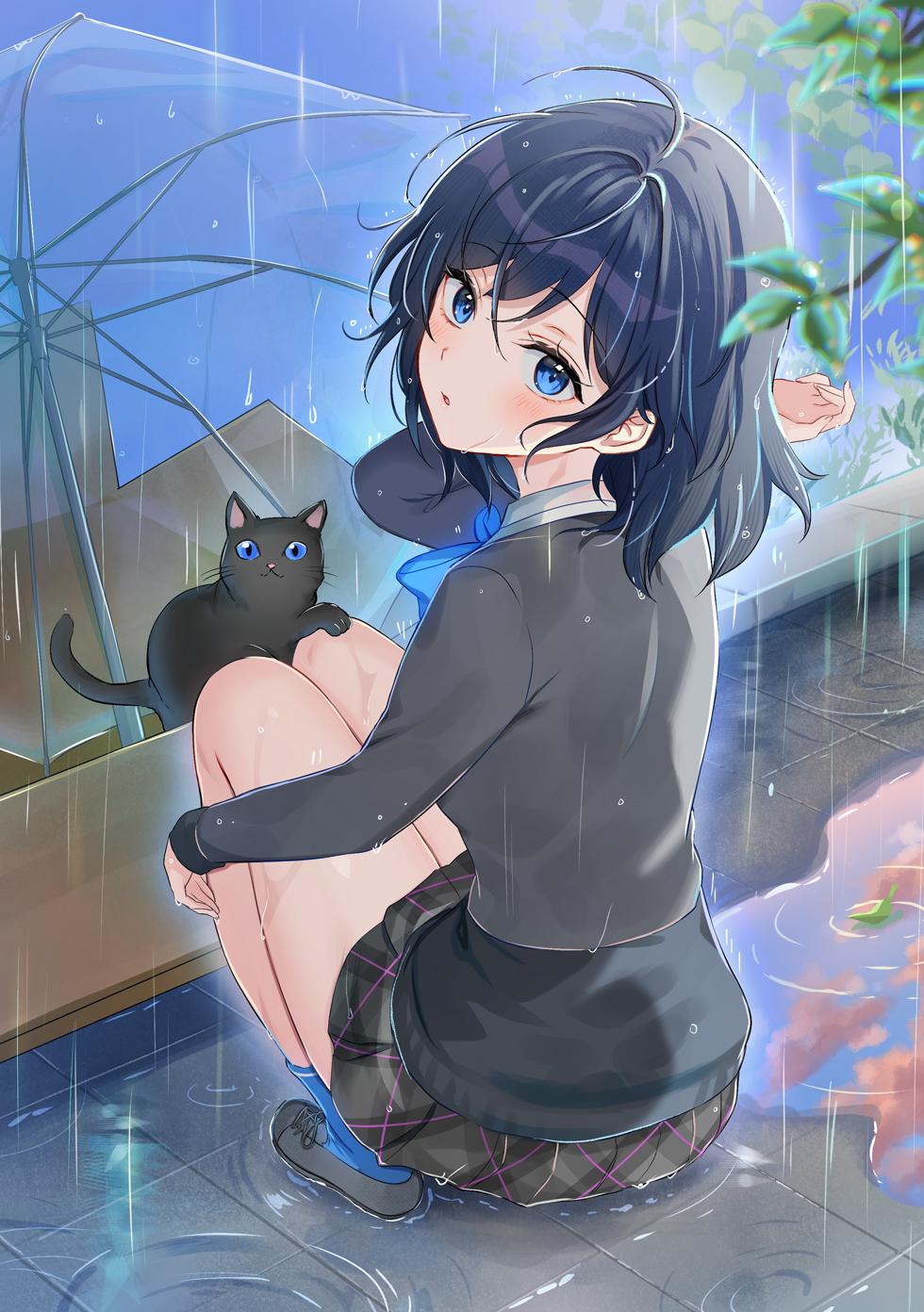 niwata0, commentary request, copyright request, highres, second-party source, 1girl, ahoge, black cat, black hair, blue bow, blue eyes, blush, bow, cat, crossed bangs, grey shirt, hand up, kneeling, long sleeves, looking at viewer, medium hair, miniskirt, parted lips, rain, shirt, skirt, solo, transparent, transparent umbrella, umbrella