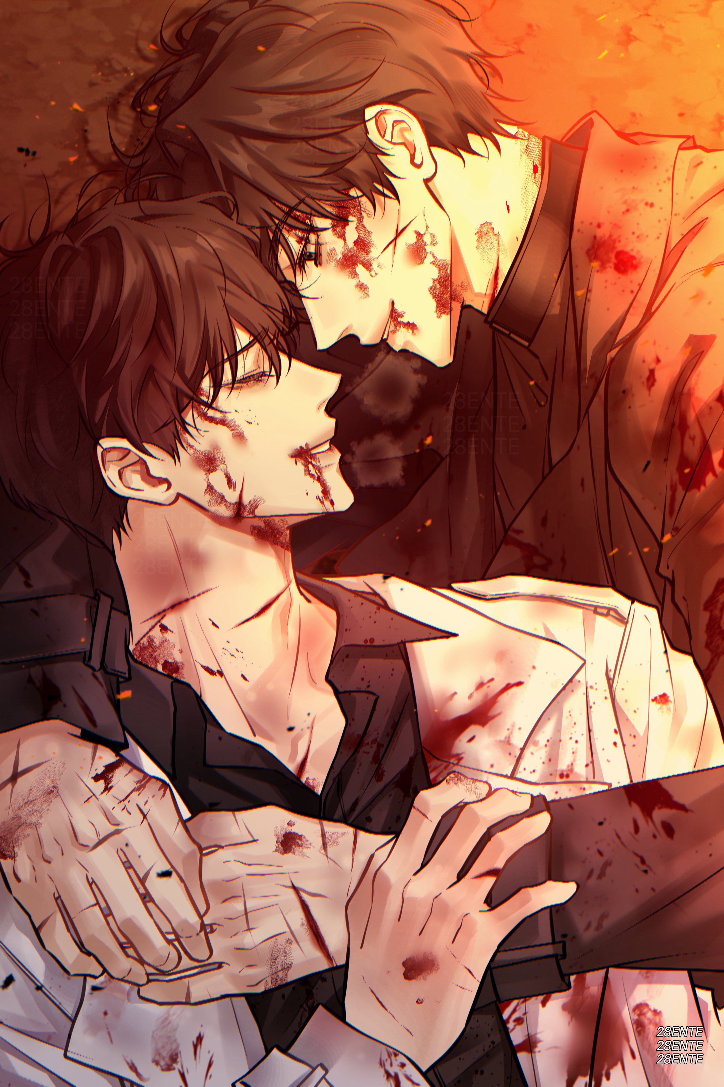 kim dokja, yoo joonghyuk, omniscient reader's viewpoint, absurdres, highres, 28ente, 2boys, arm around shoulder, black coat, black eyes, black hair, black shirt, bleeding, blood, blood from mouth, blood on clothes, blood on face, blood on hands, blood splatter, blood stain, closed eyes, coat, collared shirt, cross scar, embers, hand on another's wrist, hug from side, injury, looking at another, lying, male focus, multiple boys, on ground, open clothes, open coat, popped collar, scar, scars all over, shirt, short hair, too many, white coat, yaoi