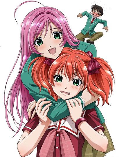 akashiya moka, aono tsukune, shuzen kokoa, rosario+vampire, 00s, 1boy, 2girls, blood, hug, multiple girls, nosebleed, siblings, simple background, sisters