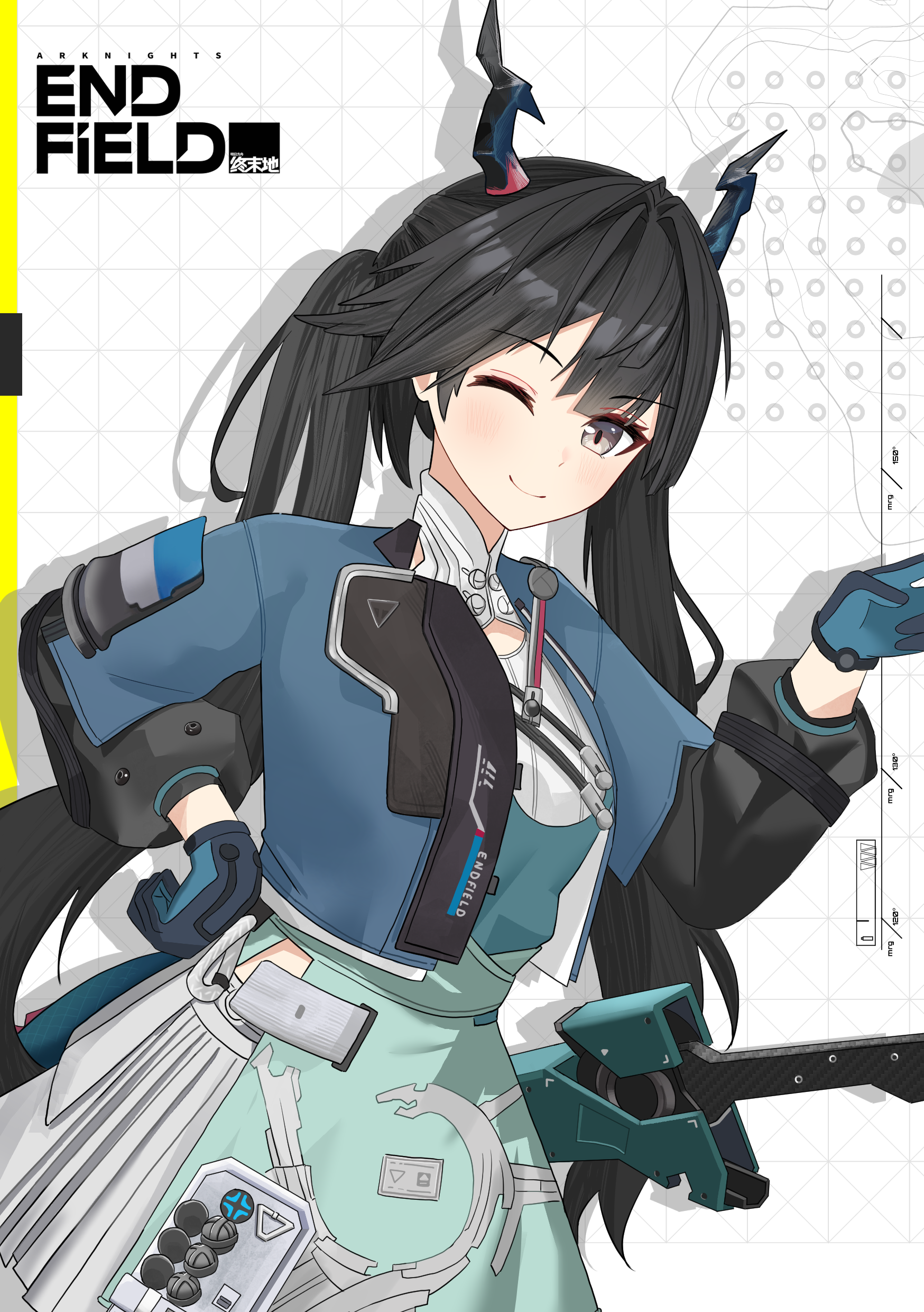 keaworks, chen qianyu (arknights), arknights, arknights: endfield, absurdres, commentary request, highres, 1girl, black gloves, black hair, blue horns, closed mouth, copyright name, dragon girl, dragon horns, dragon tail, dress, gloves, hand up, horns, jacket, long hair, long sleeves, looking at viewer, multicolored tail, one eye closed, open clothes, red tail, smile, solo, tail, twintails, upper body