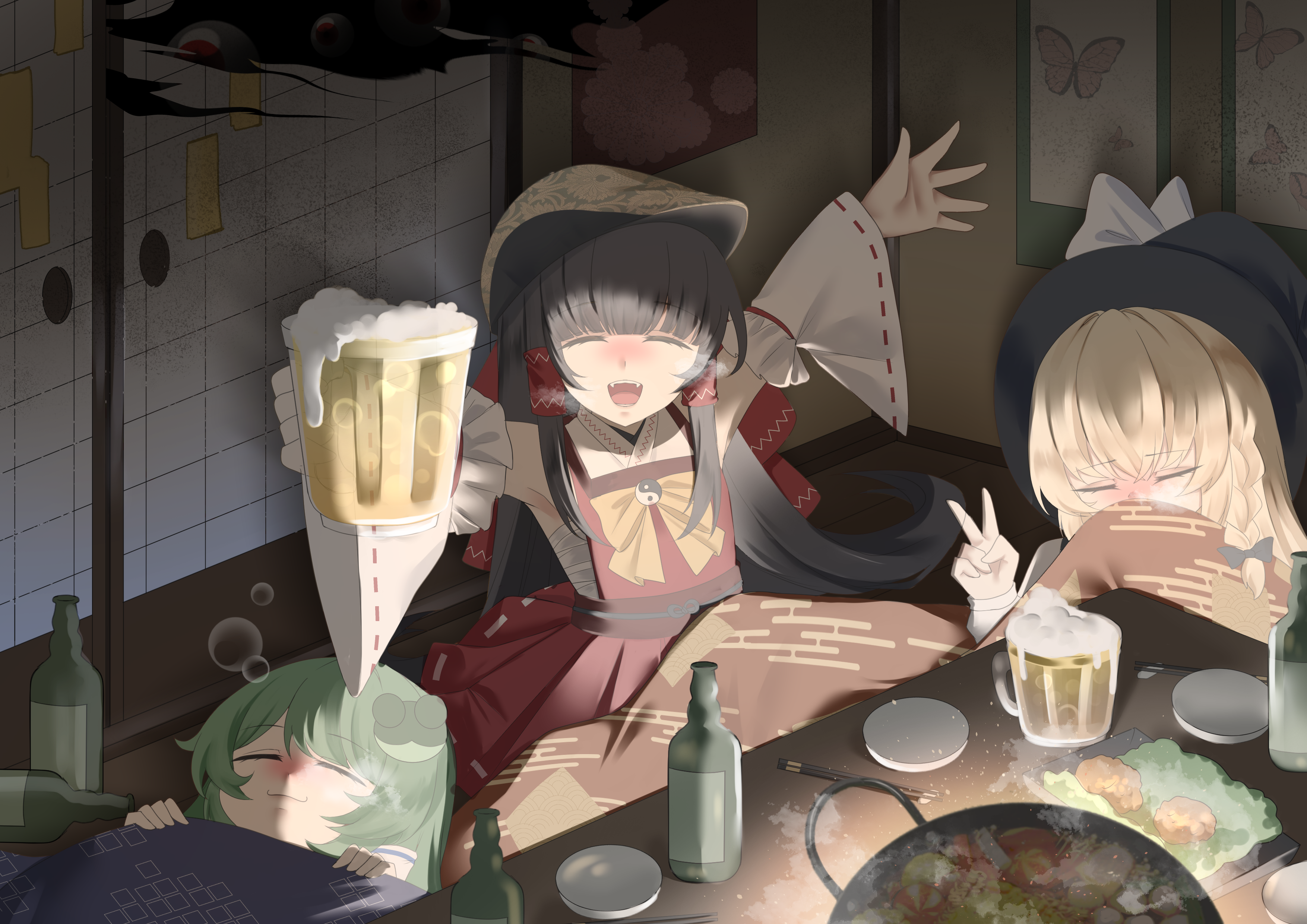no noru, hakurei reimu, kirisame marisa, kochiya sanae, touhou, absurdres, commentary, english commentary, highres, 3girls, adapted costume, alcohol, beer, beer mug, black bow, black hat, blonde hair, blush, bottle, bow, bowtie, braid, brown hair, chest sarashi, chicken (food), chopsticks, closed eyes, closed mouth, cooking pot, cup, detached sleeves, food, fried chicken, frog hair ornament, green hair, hair bow, hair ornament, hair tubes, hat, holding, holding cup, indoors, kotatsu, long hair, mug, multiple girls, open mouth, red bow, red skirt, ribbon-trimmed skirt, ribbon-trimmed sleeves, ribbon trim, sarashi, shouji, side braid, single braid, skirt, skirt set, sleeping, sliding doors, smile, table, under kotatsu, under table, v, very long hair, white bow, witch hat, yellow bow, yellow bowtie, zun hat
