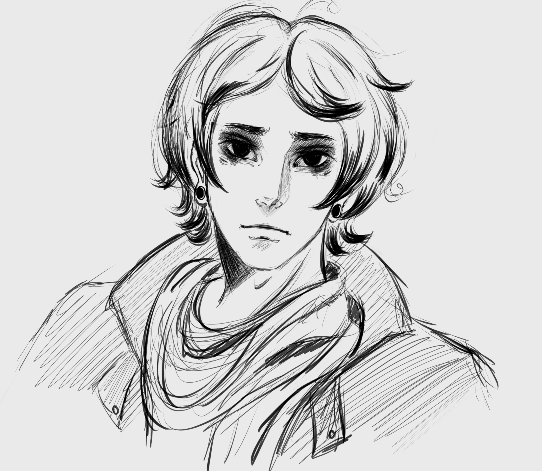 no i'm not a human, highres, 1boy, black eyes, black hair, bluevelvet888, closed mouth, coat, coat guy (no i'm not a human), curly hair, earrings, empty eyes, jewelry, looking at viewer, male focus, medium hair, portrait, scarf, simple background, sketch, solo focus, white background