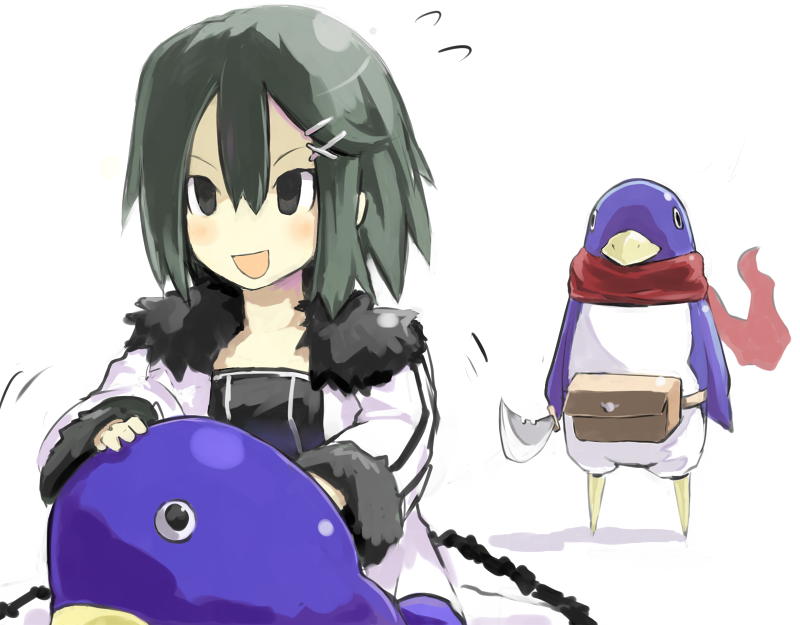 sergei (pattundo), asagiri asagi, prinny, disgaea, nippon ichi, phantom kingdom, prinny (series), prinny ~ore ga shujinkou de iinsuka?~, 1girl, :d, belt, blush, buckle, creature, female focus, flying sweatdrops, knife, open mouth, prinny (seres), scarf, simple background, smile, solo, toy, upper body, white background