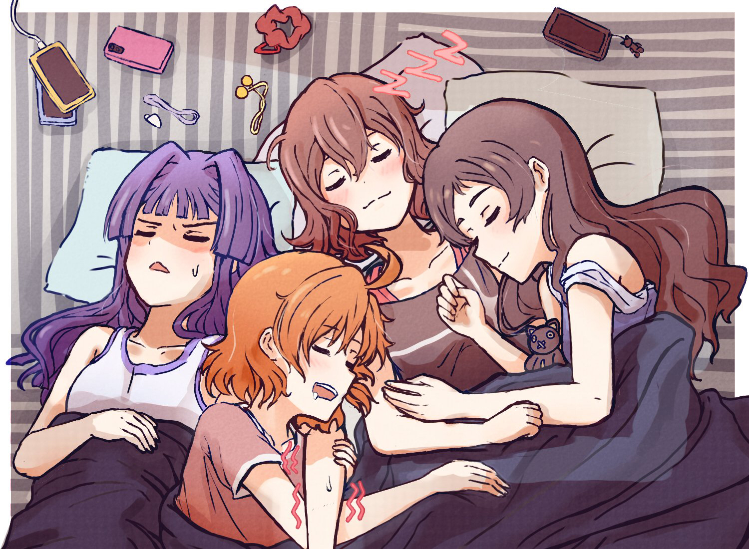 kelvin1996c, kasuga mirai, kitazawa shiho, mogami shizuka, yabuki kana, idolmaster, idolmaster million live!, 4girls, black hair, blush, border, bow, brown hair, cellphone, closed eyes, closed mouth, drooling, hair bow, head on pillow, long hair, lying, multiple girls, on back, on side, open mouth, orange hair, outside border, phone, pillow, short hair, sleeping, smartphone, stuffed animal, stuffed cat, stuffed toy, under covers, white border