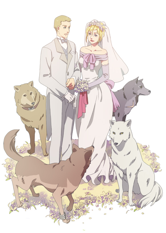esukee, cher degre, hige, hubb lebowski, kiba, toboe, tsume, wolf's rain, 00s, 1boy, 1girl, animal, blonde hair, bridal veil, bride, couple, dog, dress, flower, gloves, hetero, lipstick, makeup, multiple dogs, tuxedo, veil, wedding, wedding dress, wolf