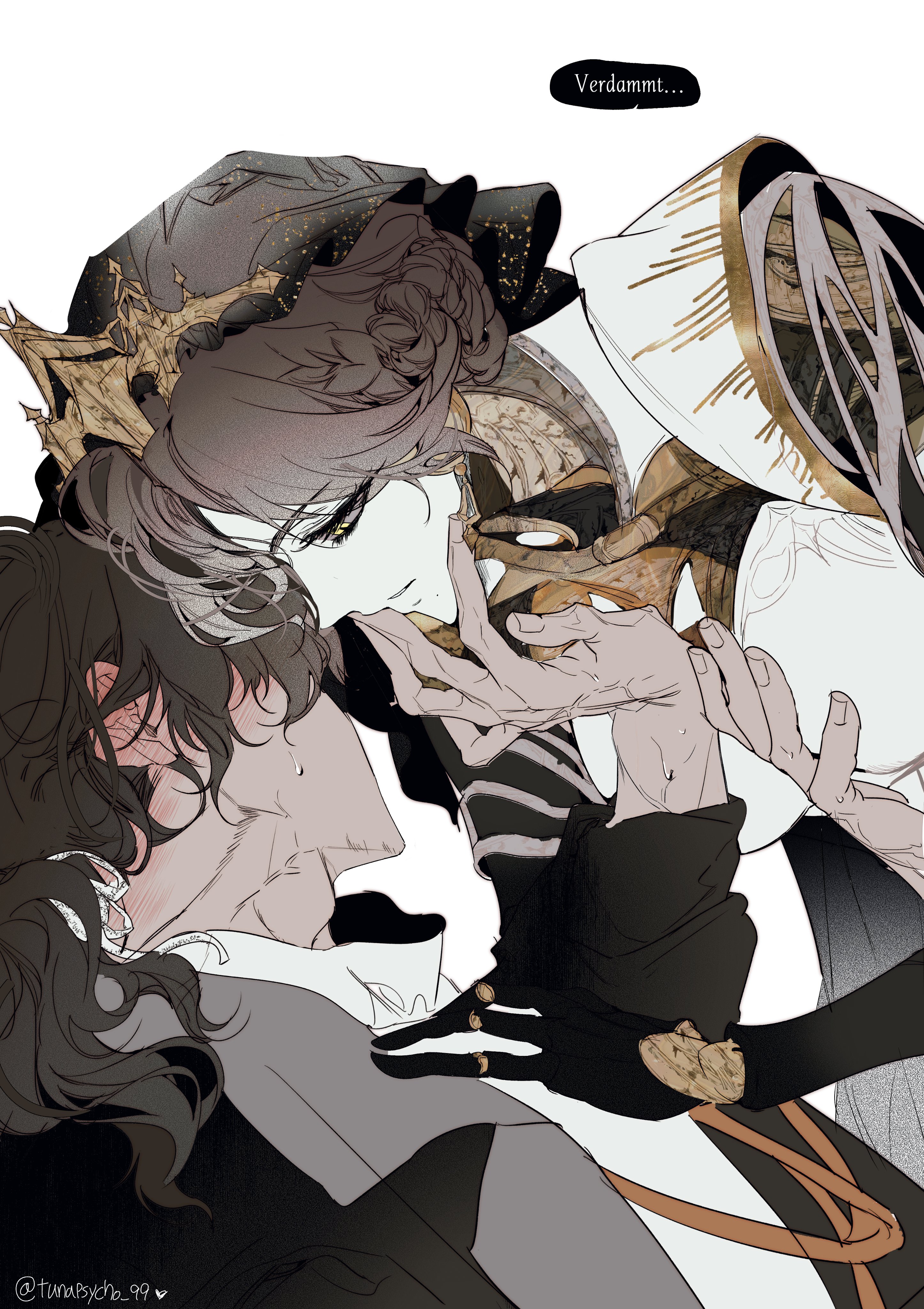 enigma (reverse:1999), lucy (reverse:1999), reverse:1999, absurdres, highres, 1boy, 1girl, black hair, black hands, black veil, brown coat, brown hair, coat, colored extremities, crown, hands on another's chest, hands on another's face, humanoid robot, joints, low ponytail, medium hair, metal skin, official alternate costume, ponytail, robot, robot joints, simple background, speech bubble, tunapsycho 99, veil, white background, yellow eyes