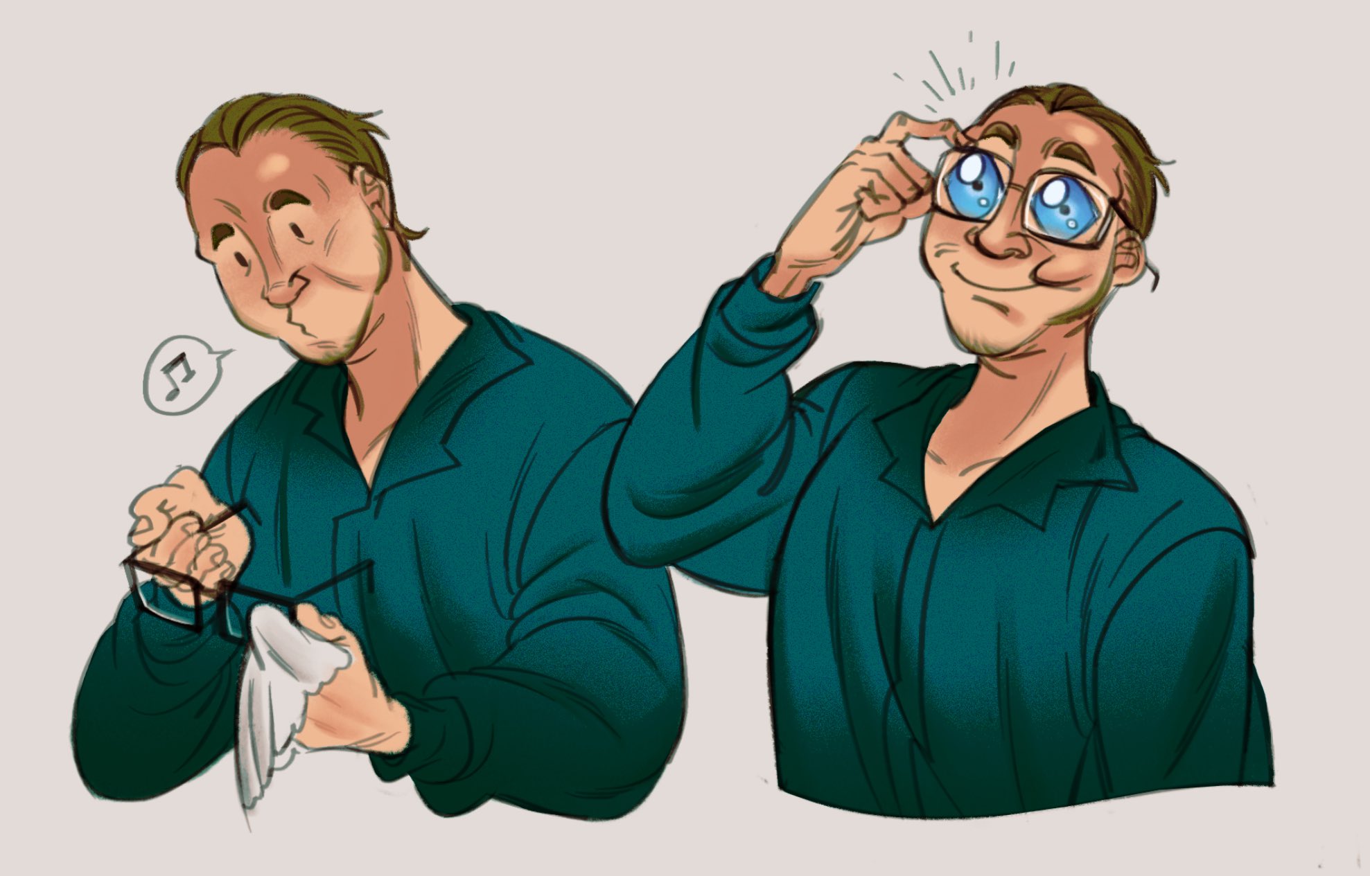devillefort, no i'm not a human, highres, 1boy, blue eyes, brown hair, collared shirt, cropped torso, facial hair, glasses, goatee, green shirt, holding, holding napkin, holding removed eyewear, male focus, musical note, napkin, reporter (no i'm not a human), shirt, short hair, sideburns, smile, spoken musical note, unworn eyewear