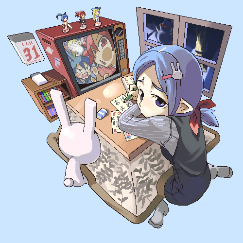 yuuzii, etna (disgaea), flonne, laharl, pleinair, usagi-san, disgaea, makai senki disgaea 2, makai senki disgaea 3, nippon ichi, original, lowres, 1girl, annoyed, feet, female focus, hair ornament, kotatsu, new year, oekaki, pencil, rabbit, rabbit hair ornament, socks, solo, stuffed animal, stuffed rabbit, stuffed toy, table, television, window, wooden pencil