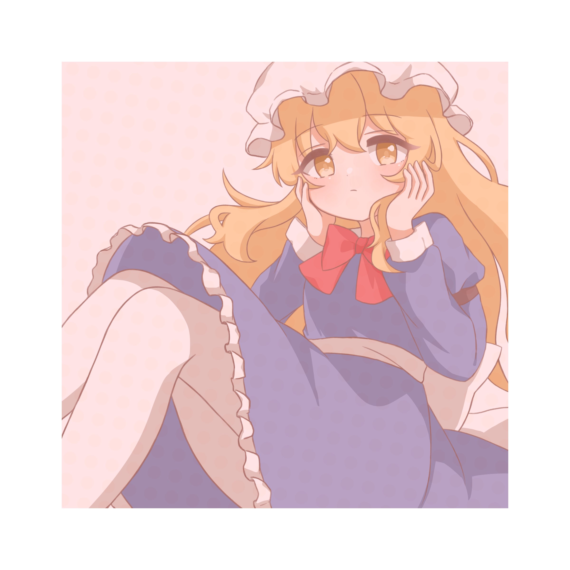 coto mugi, maribel hearn, touhou, absurdres, commentary request, highres, 1girl, :|, back bow, blonde hair, border, bow, bowtie, closed mouth, dress, feet out of frame, frilled dress, frills, hands on own cheeks, hands on own face, hat, leggings, light blush, long hair, looking at viewer, mob cap, patterned background, purple dress, red bow, red bowtie, solo, white border, white hat, white leggings, white wrist cuffs, wrist cuffs, yellow eyes