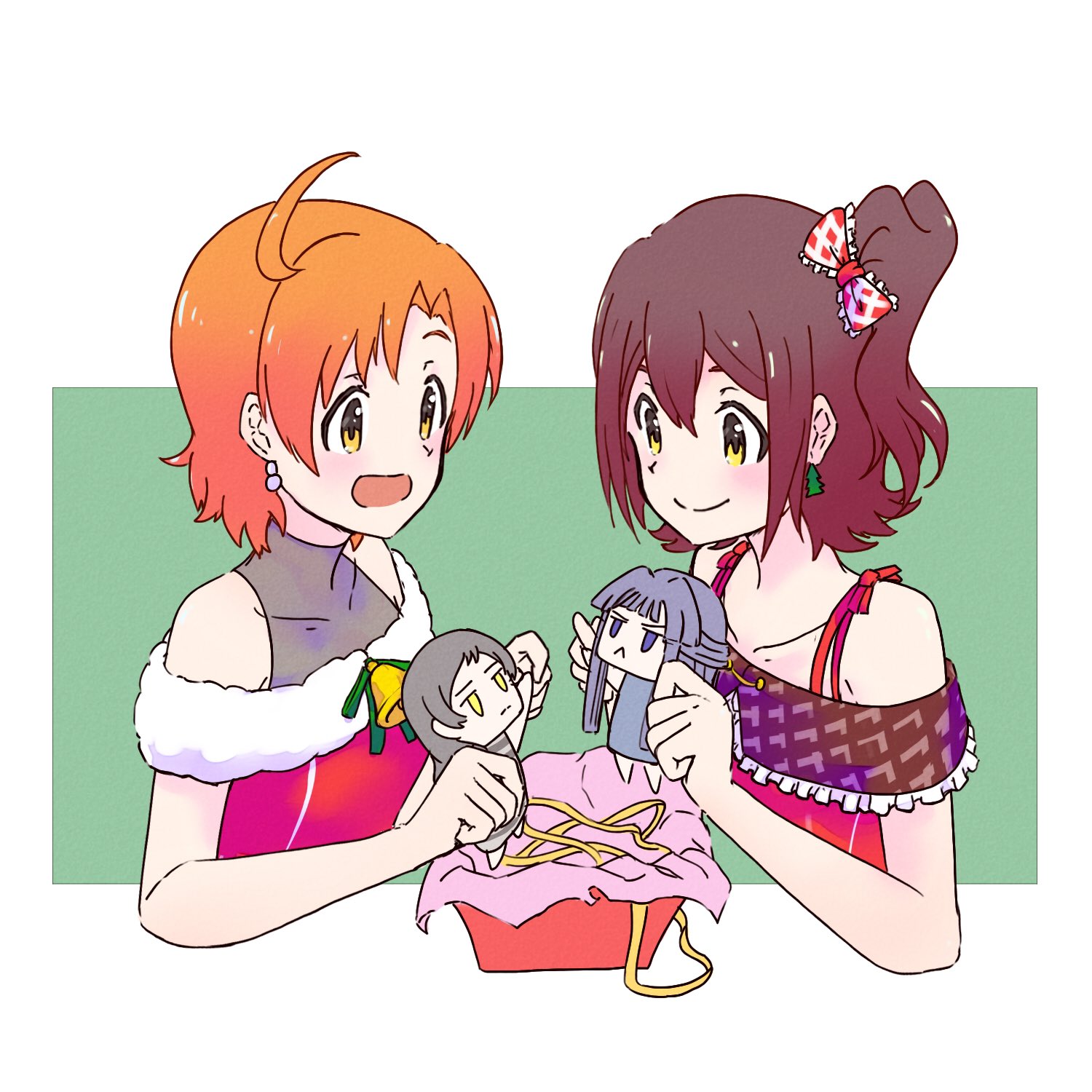 kelvin1996c, kasuga mirai, kitazawa shiho, mogami shizuka, yabuki kana, idolmaster, idolmaster million live!, highres, 2girls, ahoge, bow, brown hair, character doll, checkered bow, checkered clothes, christmas tree earrings, closed mouth, collarbone, cropped torso, doll, earrings, hair bow, holding, holding doll, jewelry, multiple girls, one side up, open mouth, orange hair, red bow, santa costume, short hair, simple background, smile, white background, yellow eyes