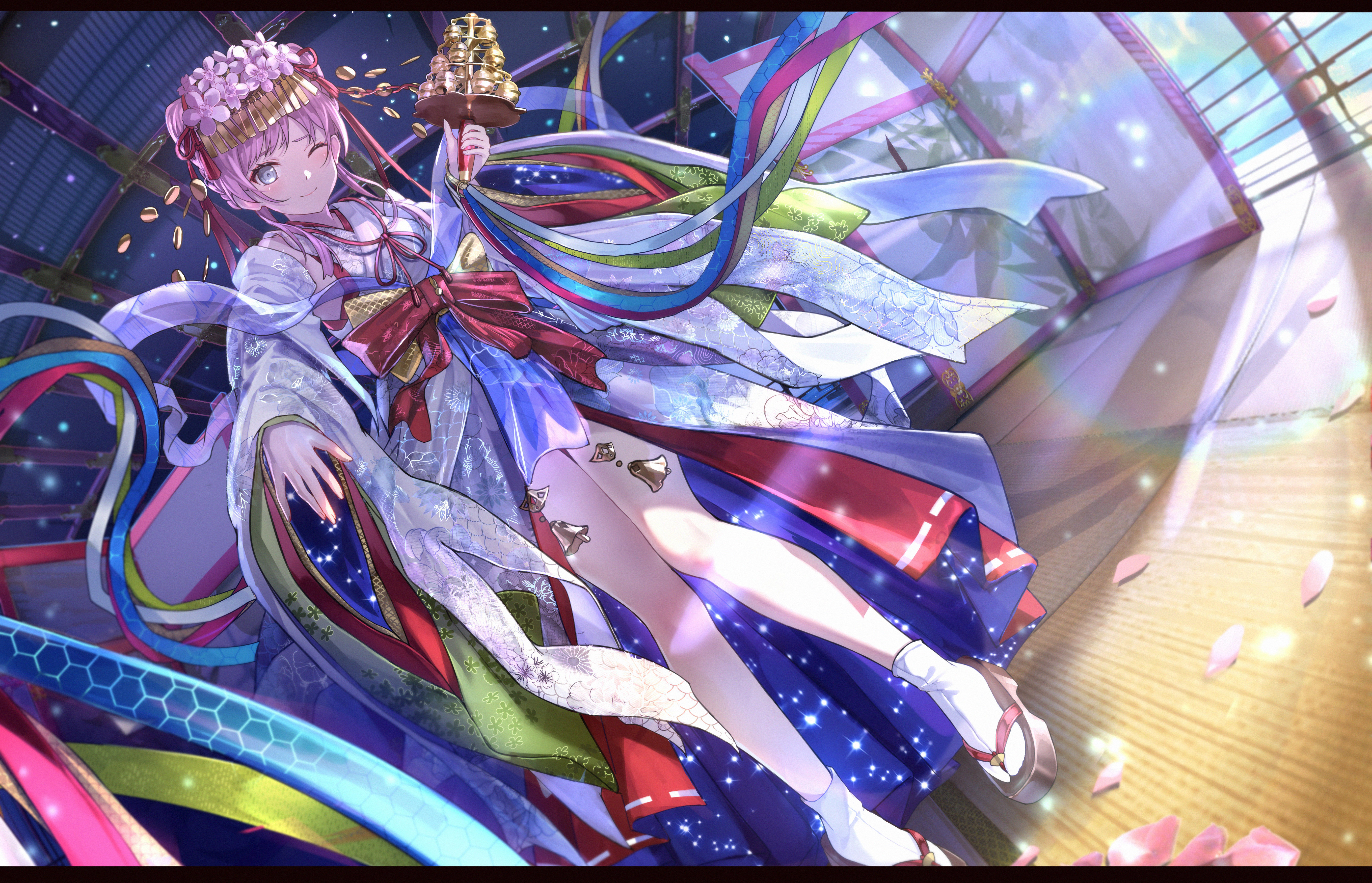 geez, original, absurdres, highres, 1girl, ;), bell, blue eyes, closed mouth, dutch angle, flower, full body, hair flower, hair ornament, holding, holding bell, indoors, japanese clothes, jingle bell, kanzashi, kimono, long sleeves, looking at viewer, obi, okobo, one eye closed, pink hair, platform sandals, ribbon, sandals, sash, smile, socks, solo, standing, tabi, white kimono, wide sleeves, zouri