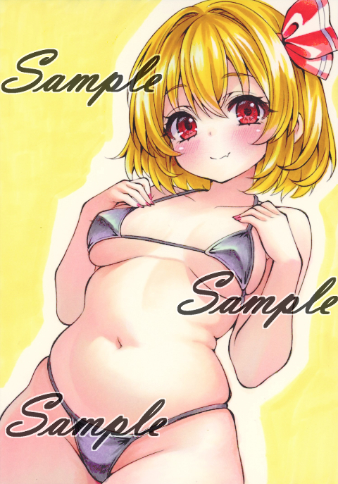miyakooo0420, rumia, touhou, commentary request, traditional media, 1girl, alternate costume, bikini, black bikini, blonde hair, blush, breasts, breasts apart, closed mouth, fang, hair ribbon, looking at viewer, navel, plump, red eyes, red nails, red ribbon, ribbon, sample watermark, skin fang, smile, solo, stomach, swimsuit, watermark