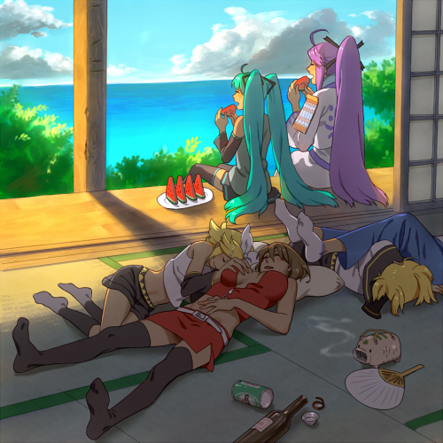 esukee, hatsune miku, kagamine len, kagamine rin, kaito (vocaloid), kamui gakupo, meiko (vocaloid), vocaloid, bad id, bad pixiv id, lowres, 3boys, 3girls, alcohol, aqua hair, blonde hair, bottle, breasts, brother and sister, brown hair, can, day, eating, feet, food, fruit, grabbing another's breast, groping, hand fan, happy, incense, large breasts, legs, long hair, lying, morning, multiple boys, multiple girls, ocean, open clothes, open shirt, paper fan, ponytail, purple hair, shirt, short hair, siblings, sitting, skirt, sky, sleeping, slice of life, summer, sunlight, tatami, thighhighs, twins, twintails, uchiwa, veranda, watermelon