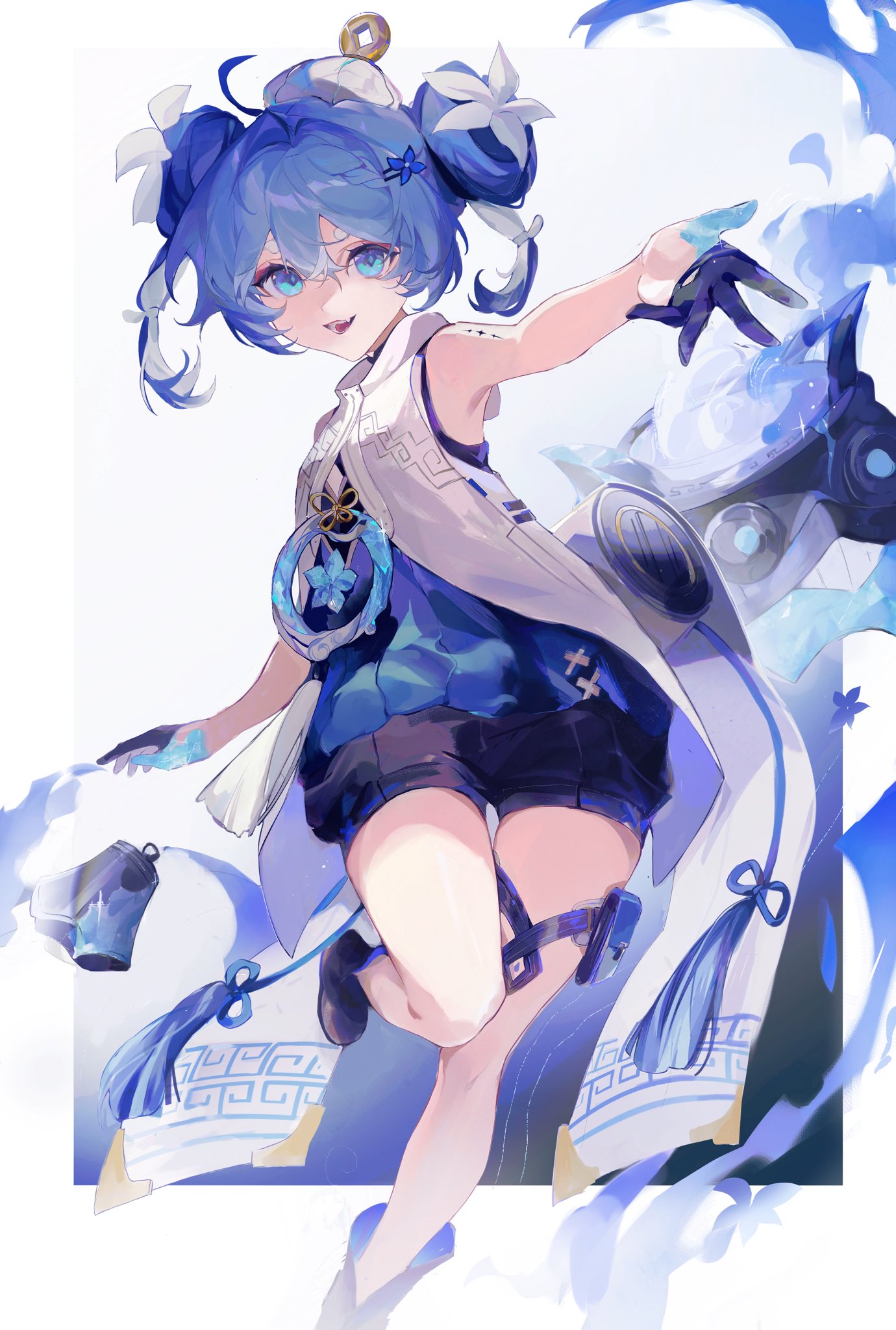 kachijj1718, youhu (wuthering waves), wuthering waves, highres, 1girl, bare shoulders, black gloves, black shorts, blue eyes, blue hair, coat, double bun, dress, gloves, hair between eyes, hair bun, half gloves, looking at viewer, open mouth, shorts, sleeveless, smile, solo, standing, standing on one leg, teeth, thigh strap, twintails, white background, white coat