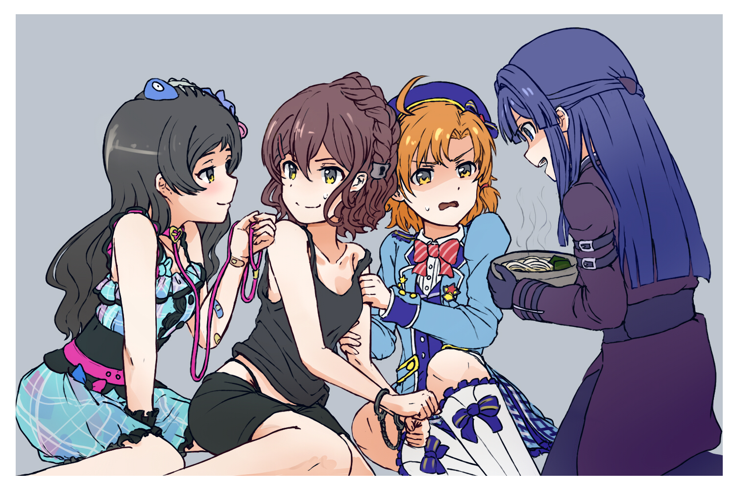 kelvin1996c, kasuga mirai, kitazawa shiho, mogami shizuka, yabuki kana, idolmaster, idolmaster million live!, idolmaster million live! theater days, 4girls, ahoge, beret, black hair, black tank top, blue dress, blue hat, blue jacket, border, bowl, braid, brown hair, closed mouth, collar, collarbone, dress, fish skeleton hair ornament, food, grey background, half updo, hat, holding, holding bowl, jacket, leash, long hair, looking at another, multiple girls, nervous sweating, noodles, official alternate costume, official alternate hairstyle, orange hair, pink collar, plaid clothes, plaid dress, qute x qualm (idolmaster), short hair, simple background, sitting, sweat, sweatdrop, tank top, udon, white border, yellow eyes